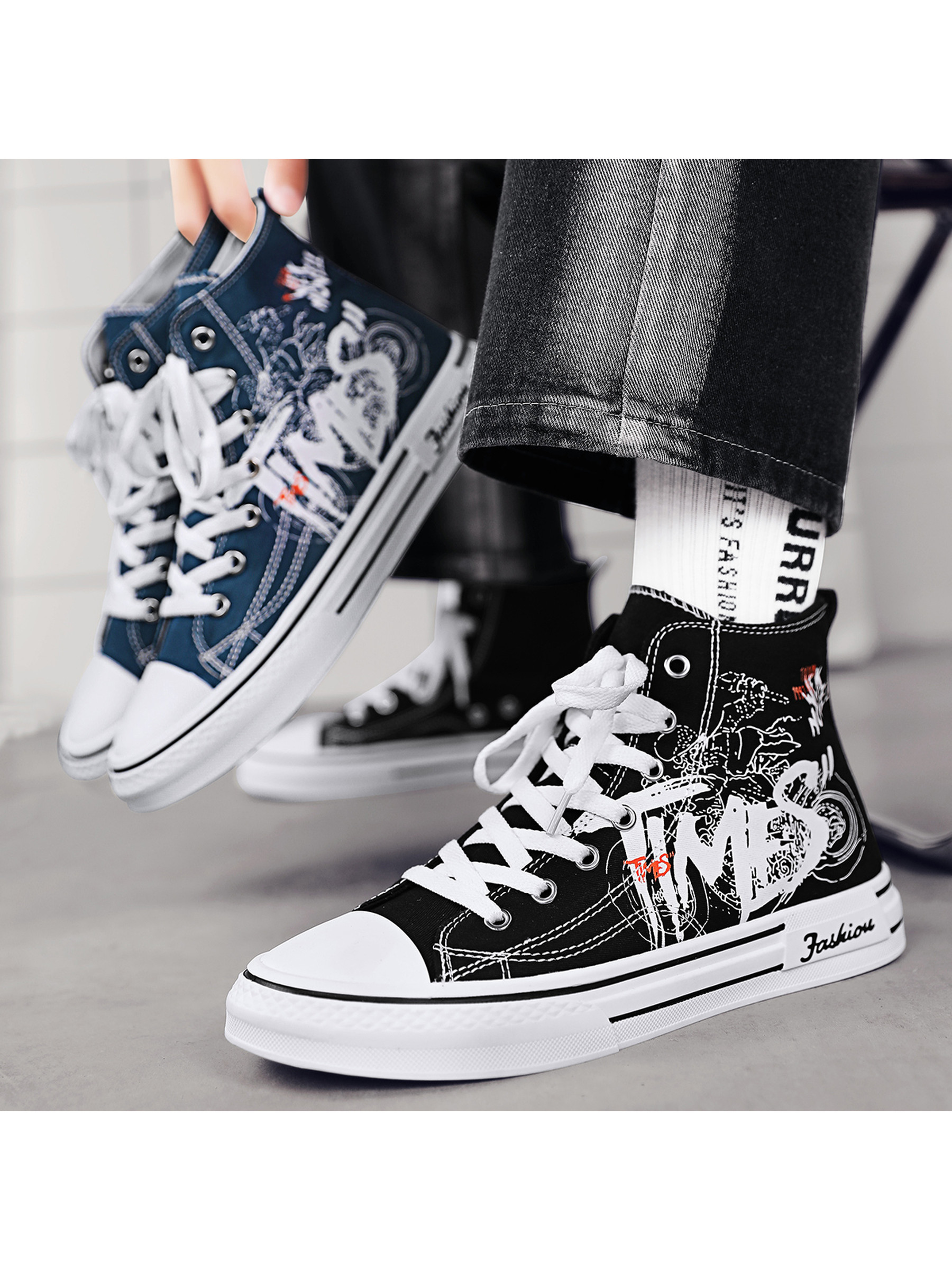 Black High-Top Sneakers with Graphic Print