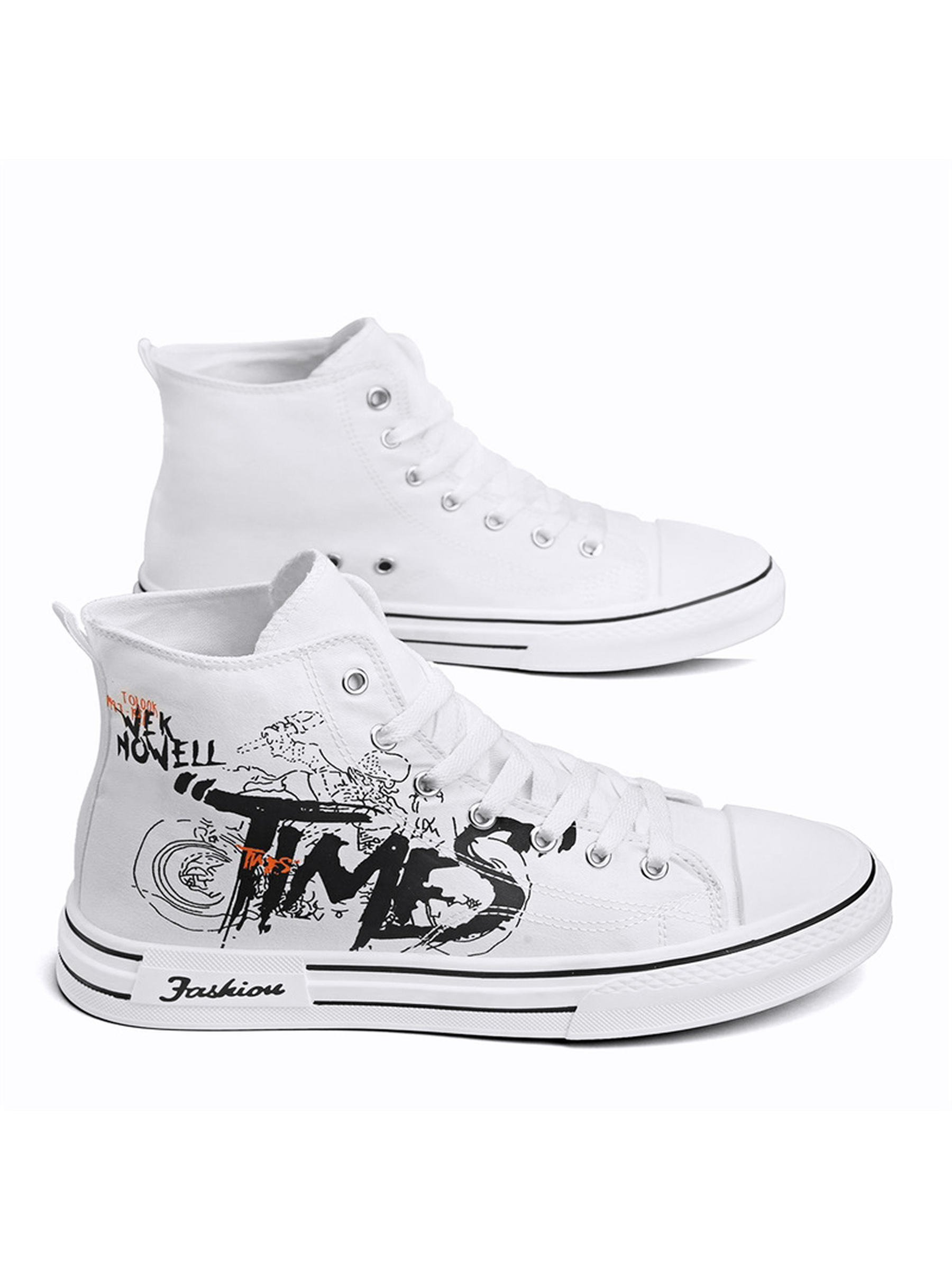 Mens White High-Top Sneakers with Graphic Print