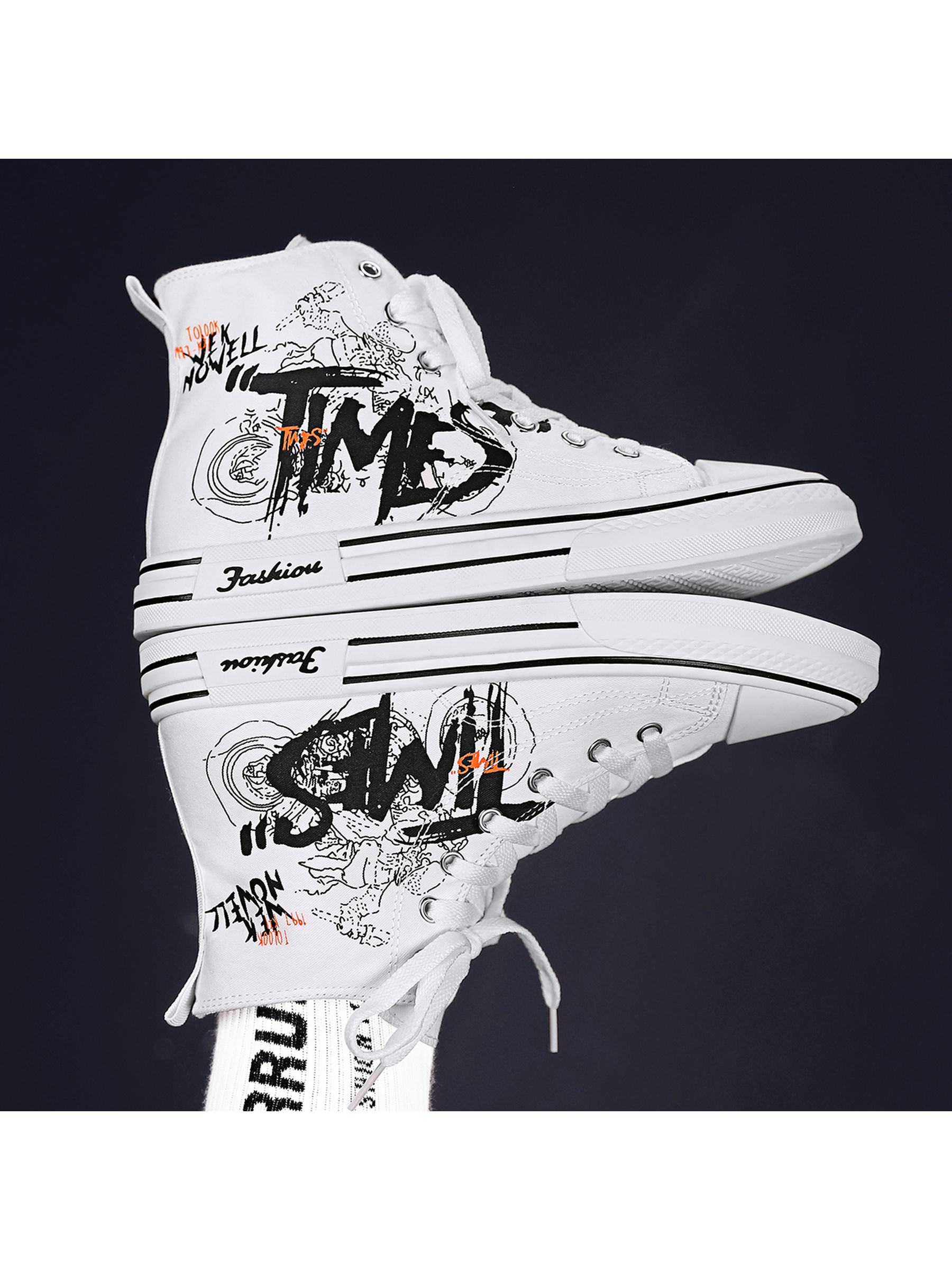 Mens White High-Top Sneakers with Graphic Print