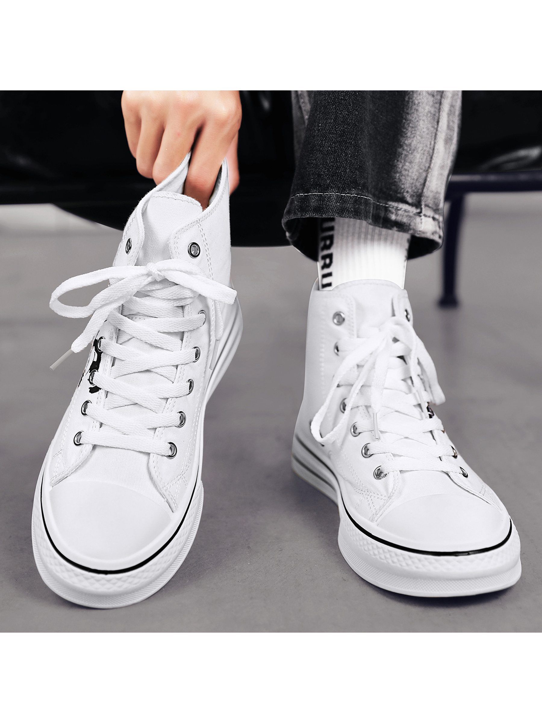 Mens White High-Top Sneakers with Graphic Print