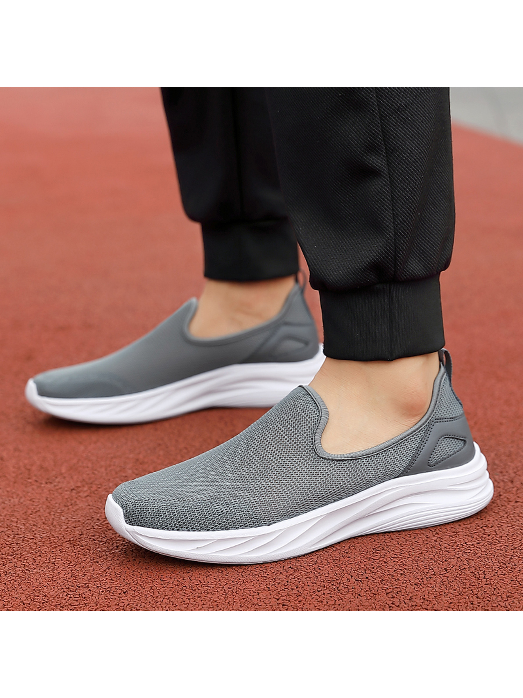 Mens Grey Mesh Slip-On Walking Shoes
