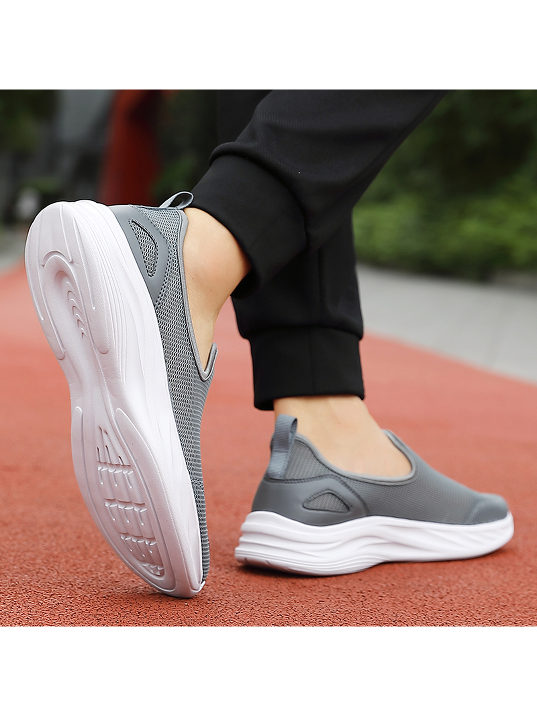Mens Grey Mesh Slip-On Walking Shoes