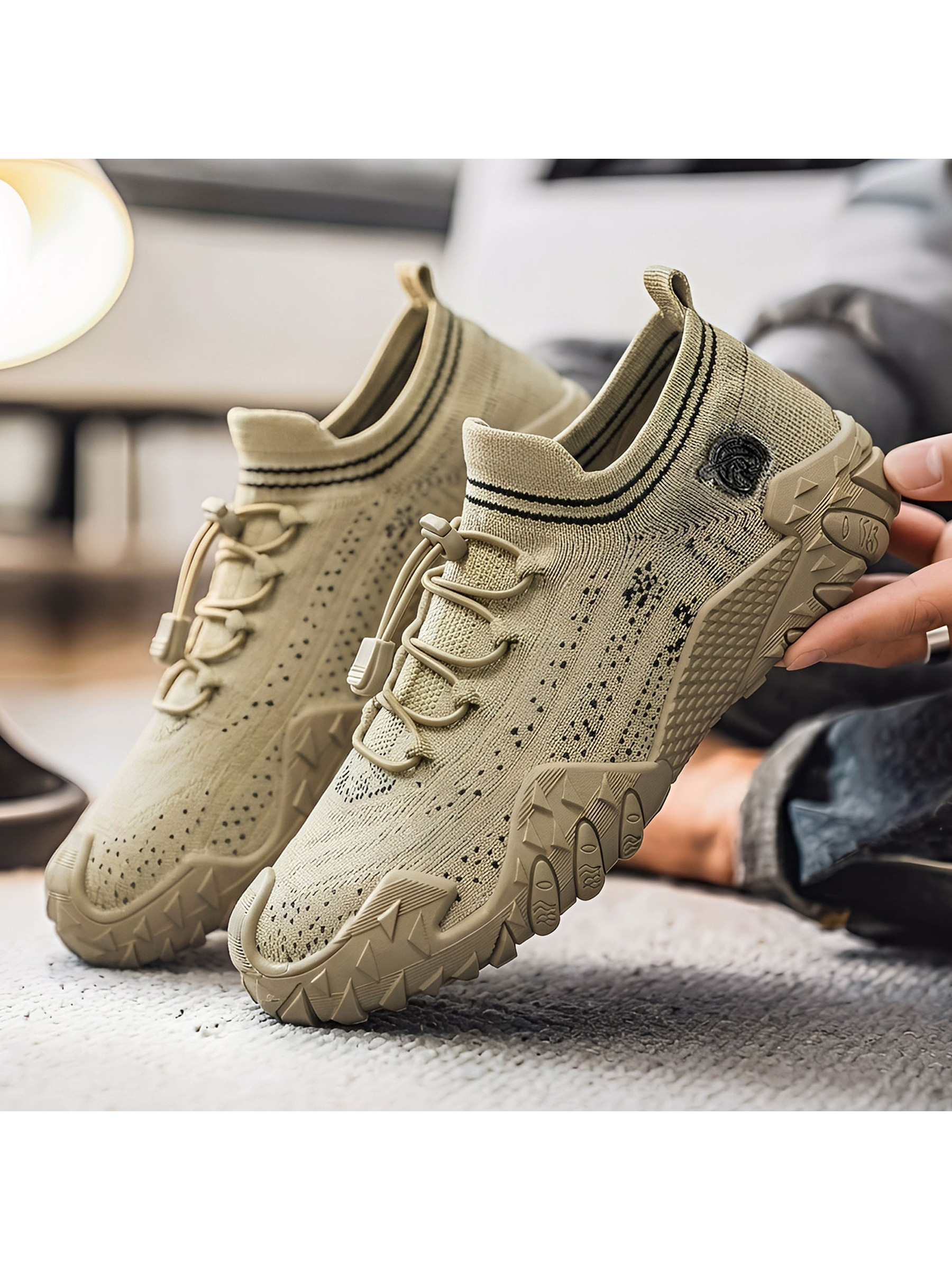 Mens Tan Knit Sneakers with Adjustable Laces