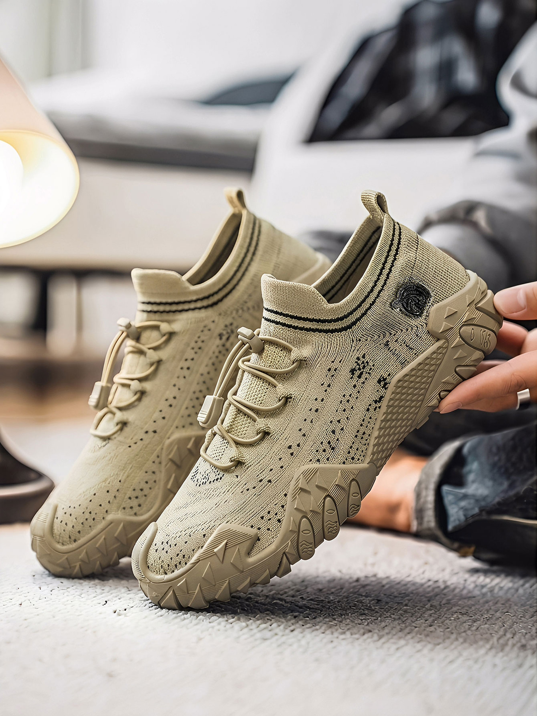 Mens Tan Knit Sneakers with Adjustable Laces