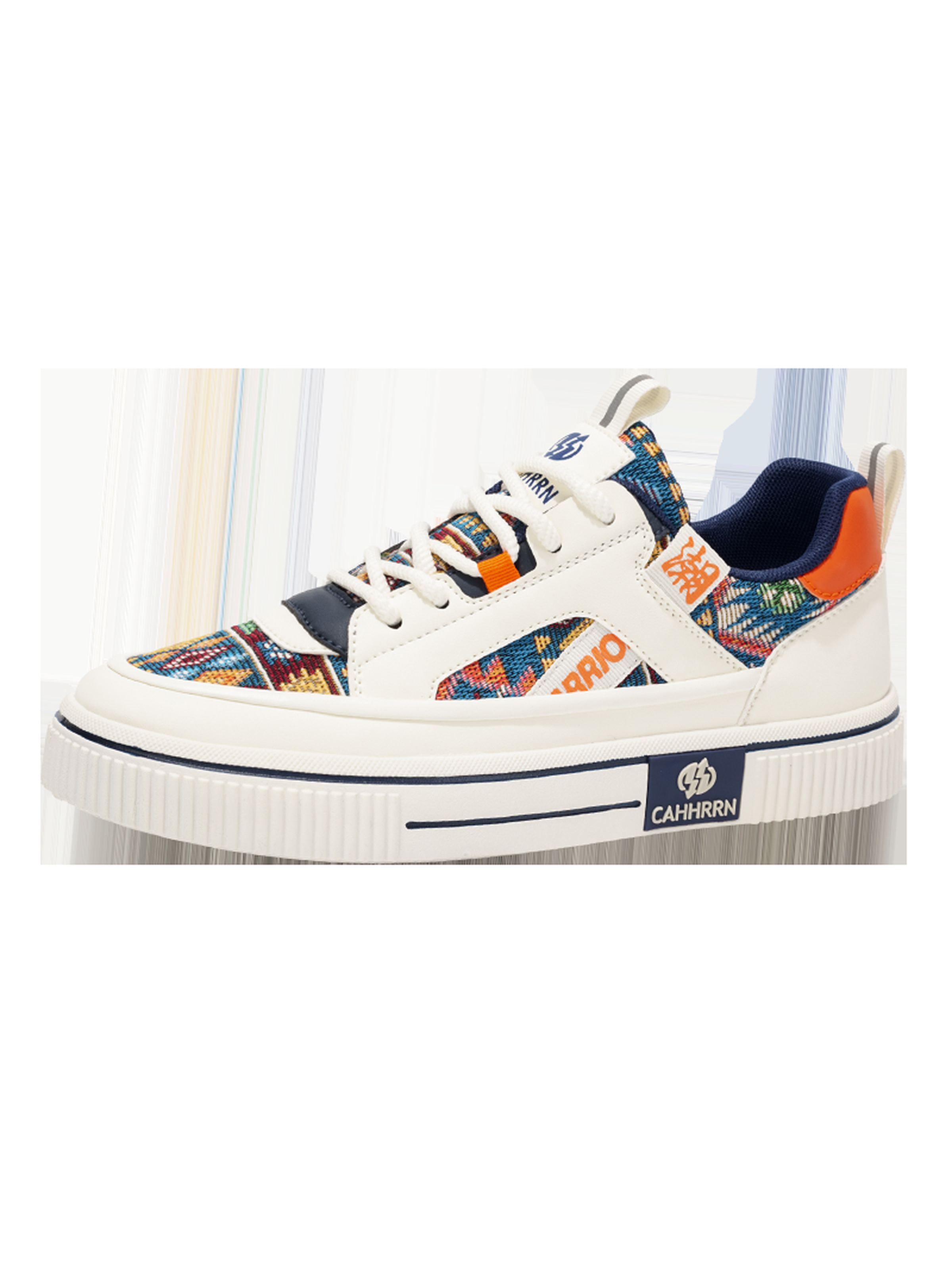 Off White Lace Up Sneakers with Ethnic Pattern