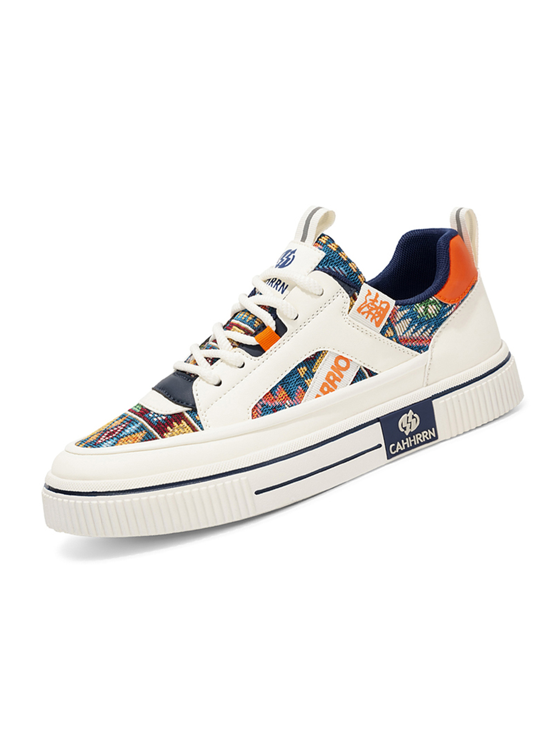 Off White Lace Up Sneakers with Ethnic Pattern