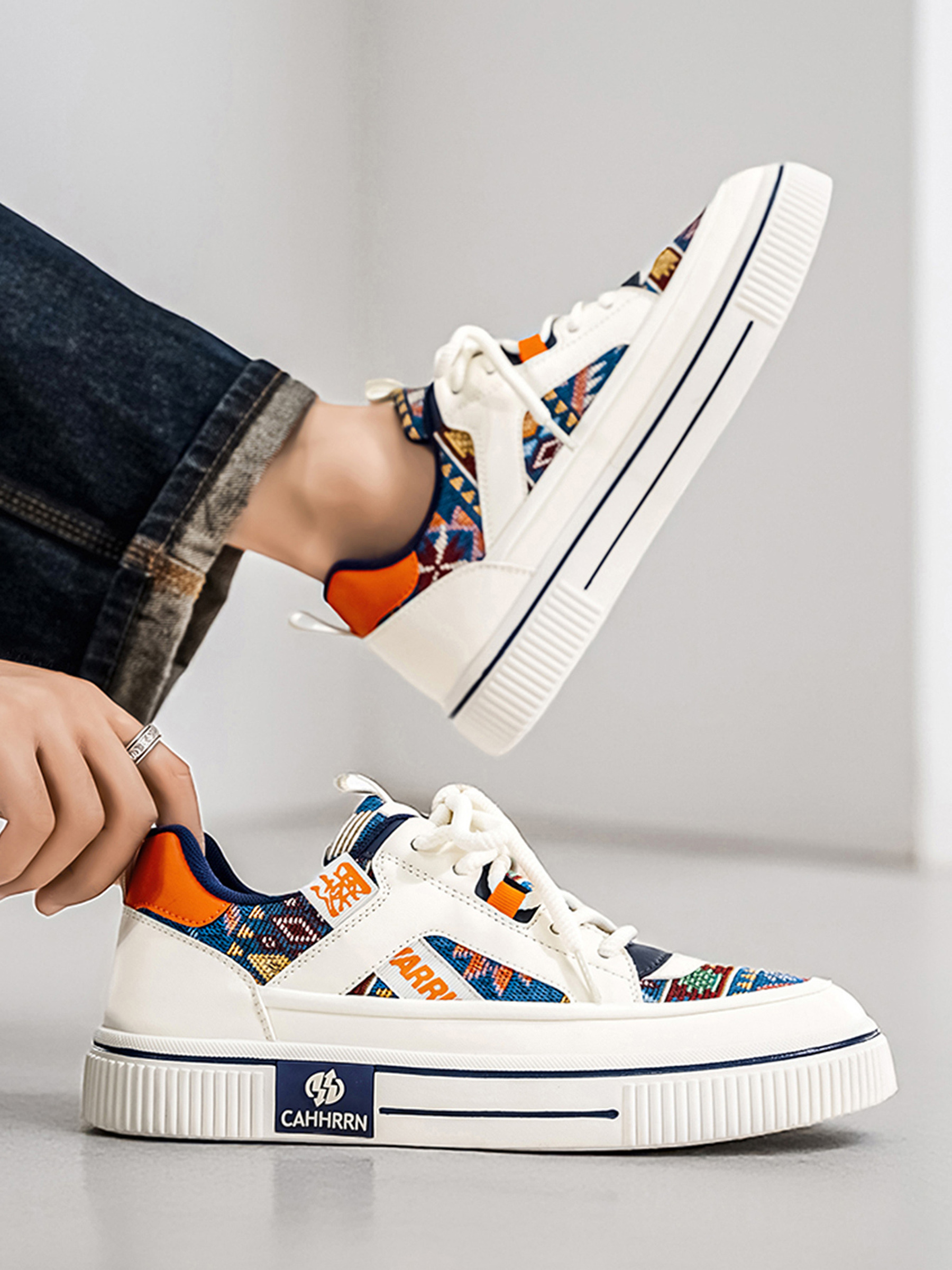 Off White Lace Up Sneakers with Ethnic Pattern