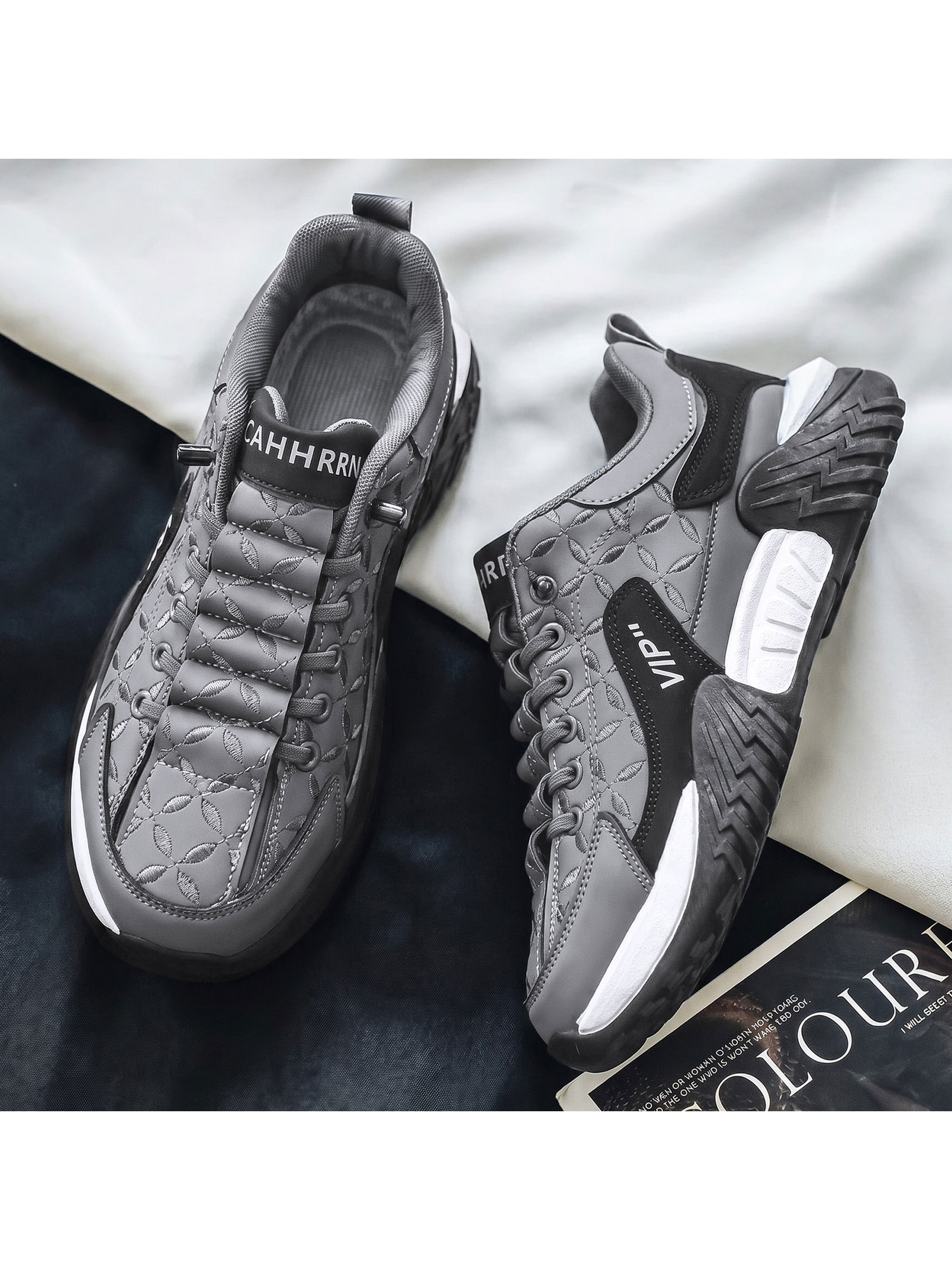 Mens Grey Embroidered Lace-Up Sneakers