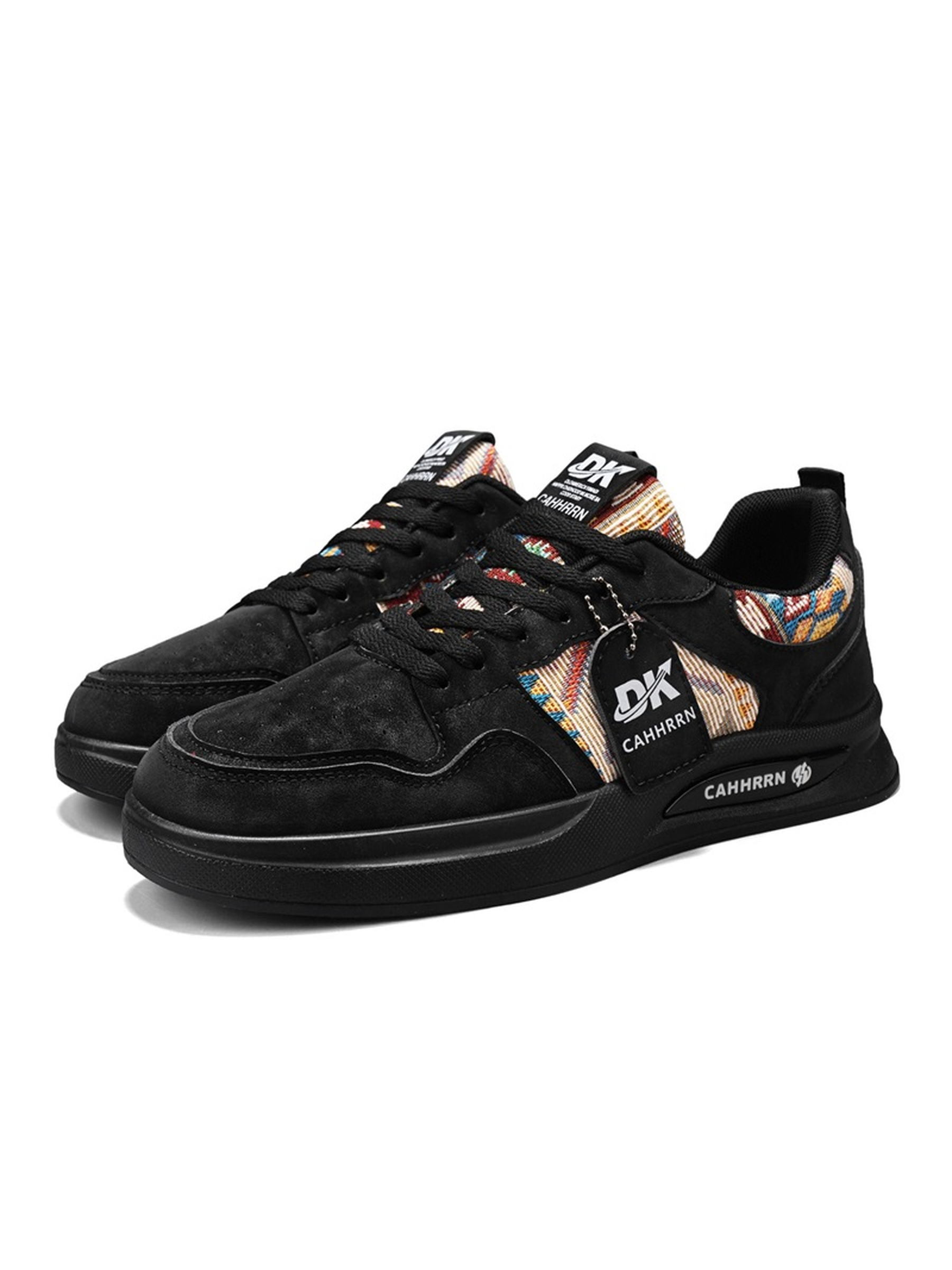 Black Lace Up Sneakers with Patterned Trim