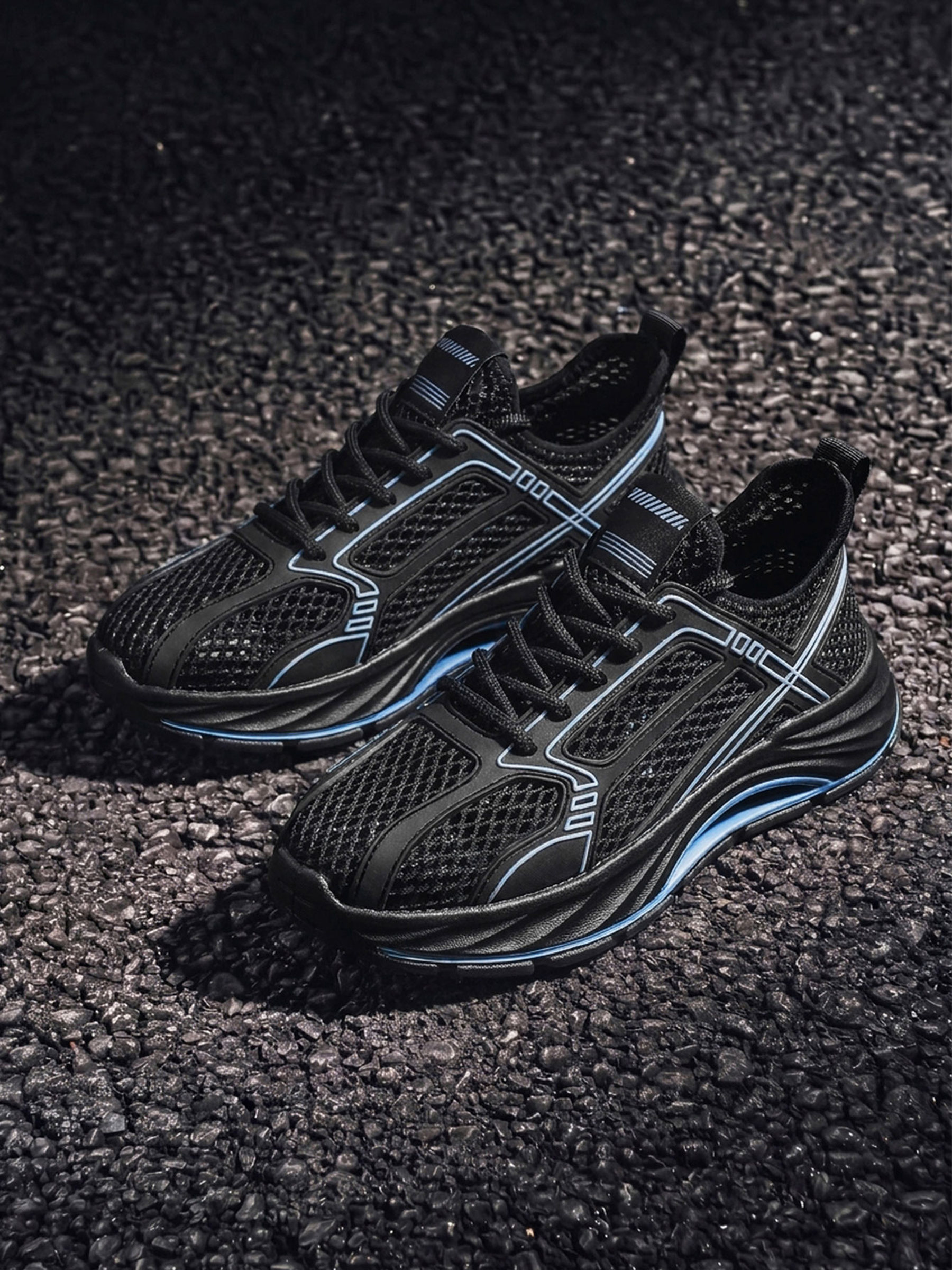 Black Mesh Sneakers with Blue Accents