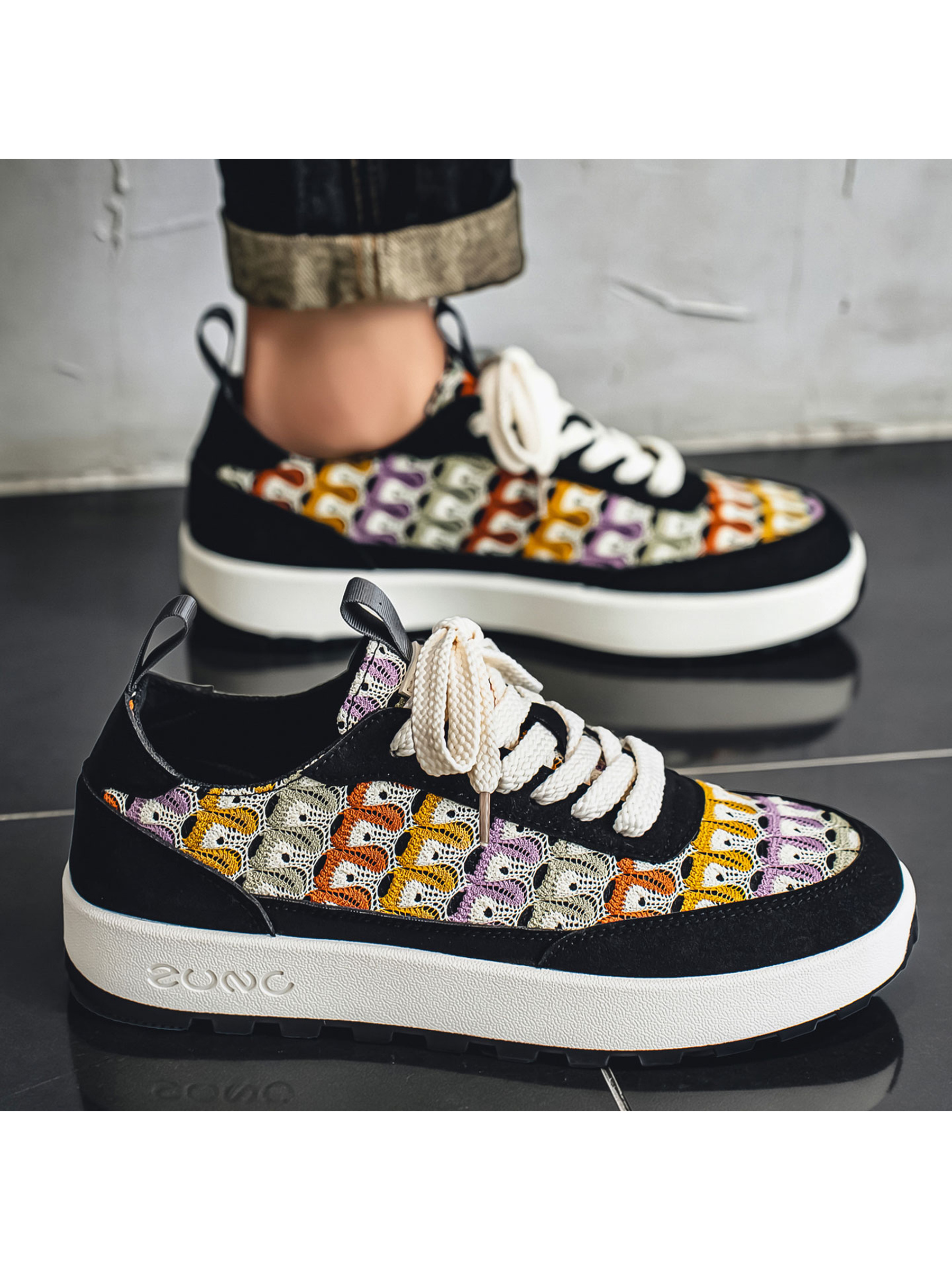 Black Multi-Color Knit Casual Sneakers