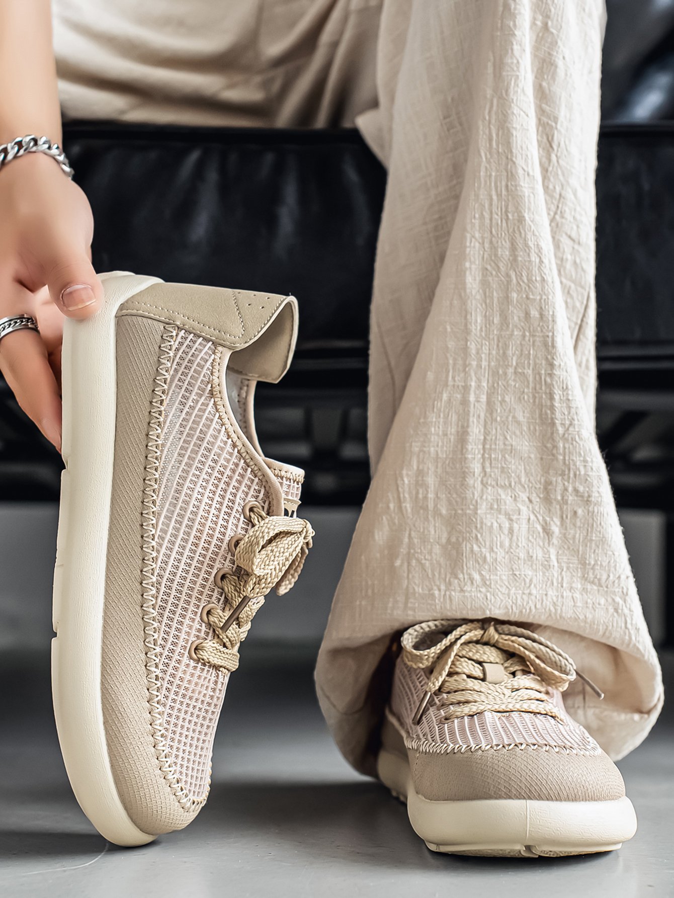 Beige Breathable Mesh Casual Sneakers