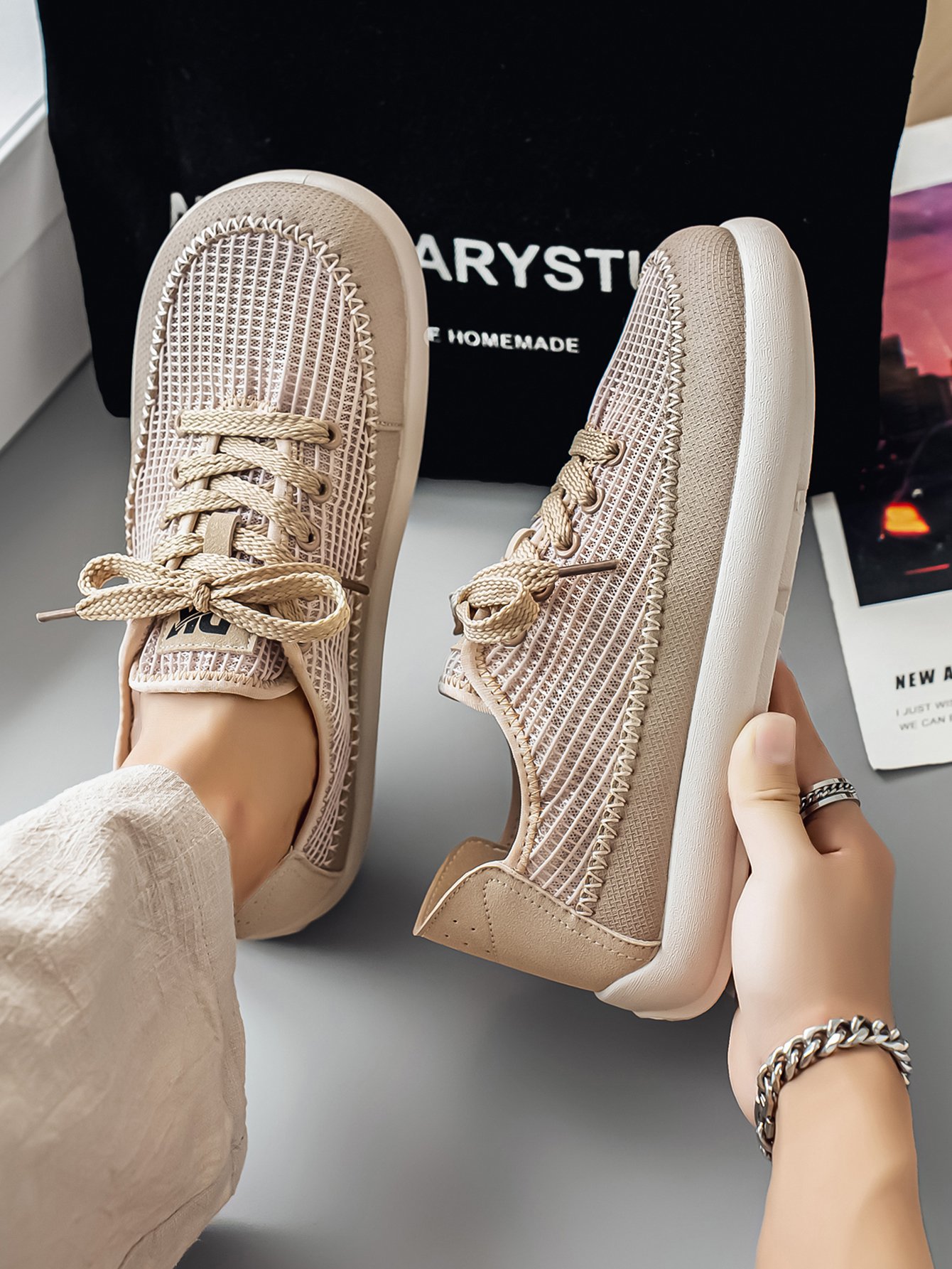 Beige Breathable Mesh Casual Sneakers