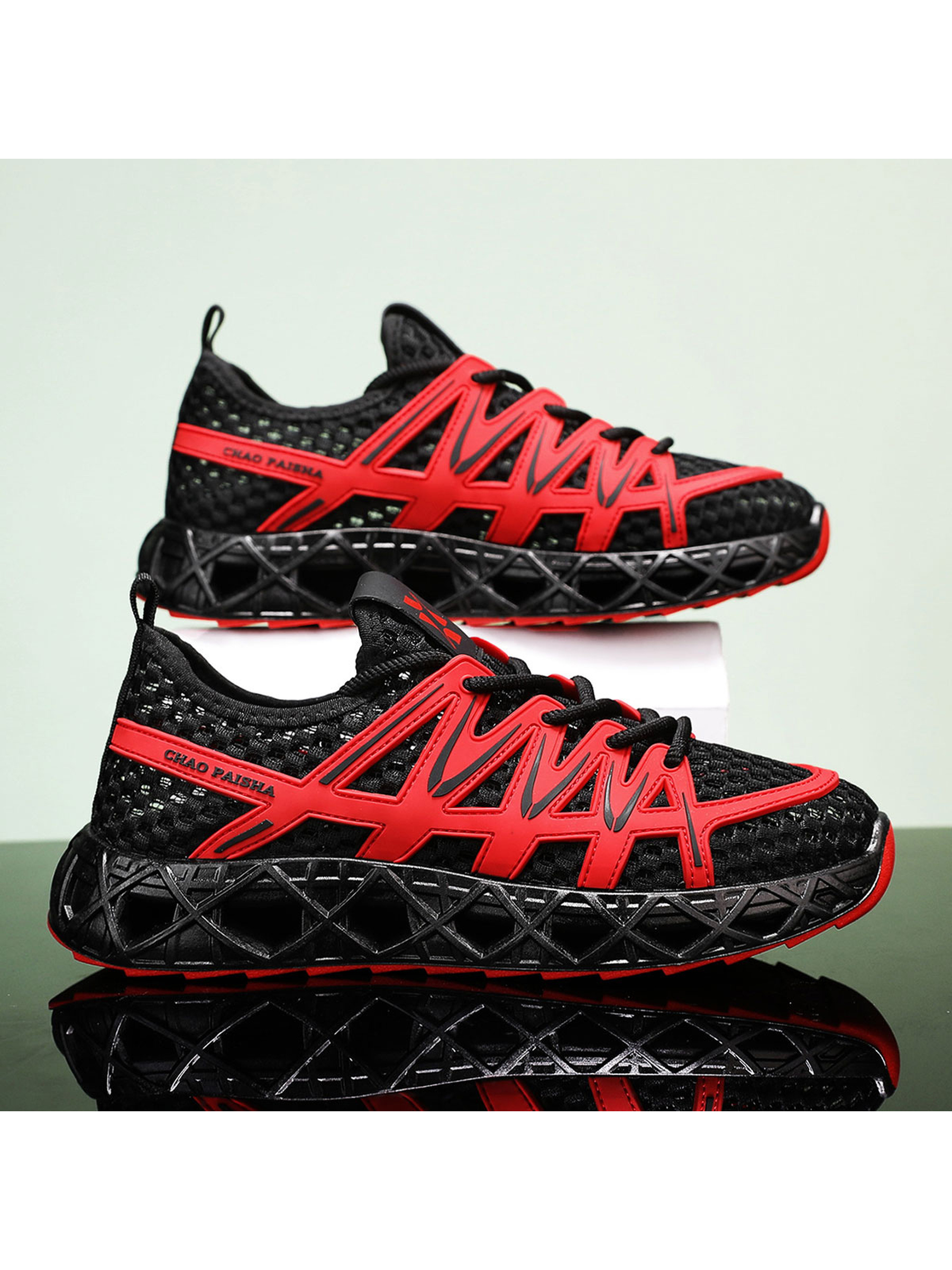 Mens Red Mesh Breathable Sporty Sneakers