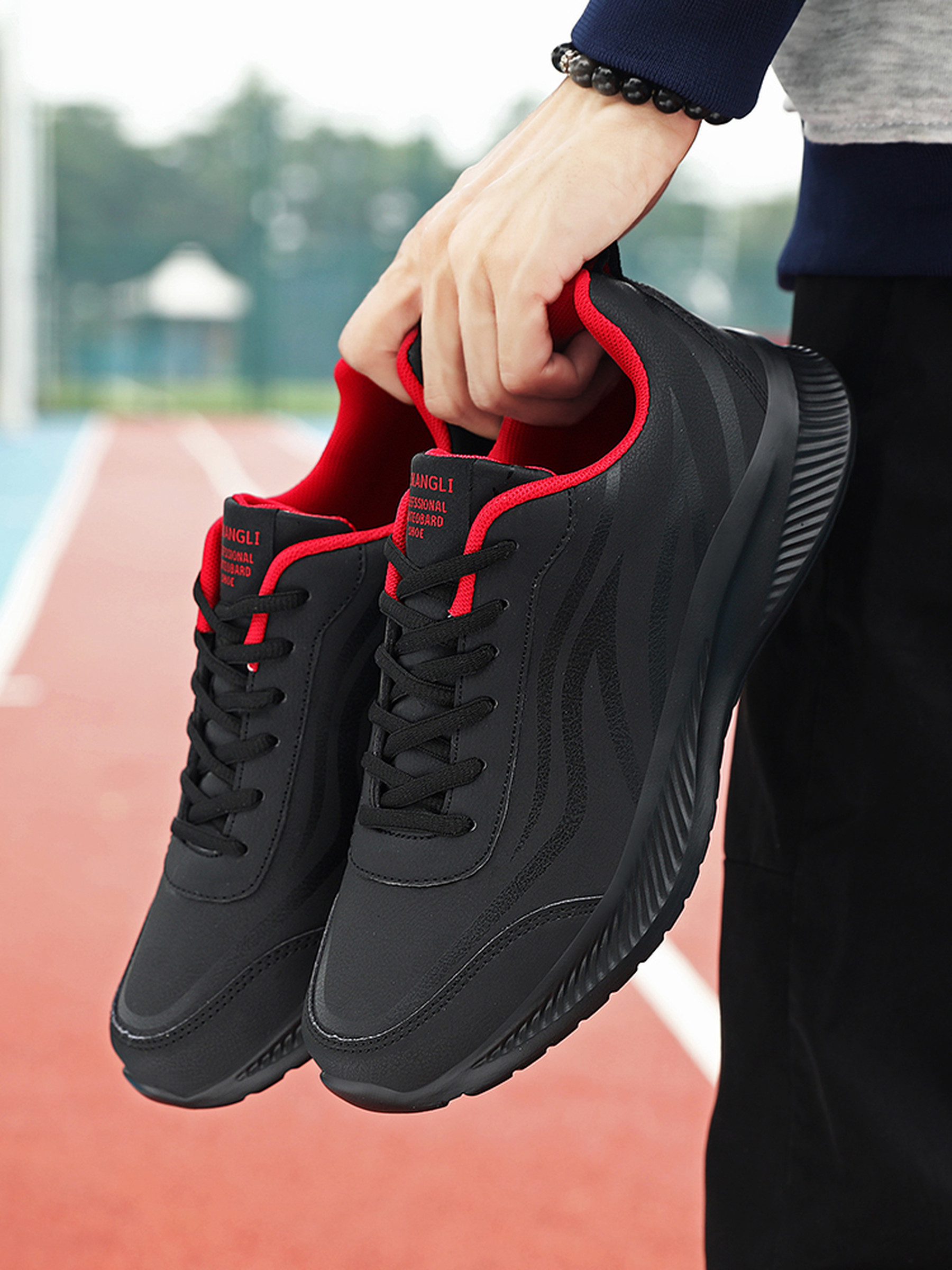 Mens Black Lace-Up Sneakers with Pull Tab