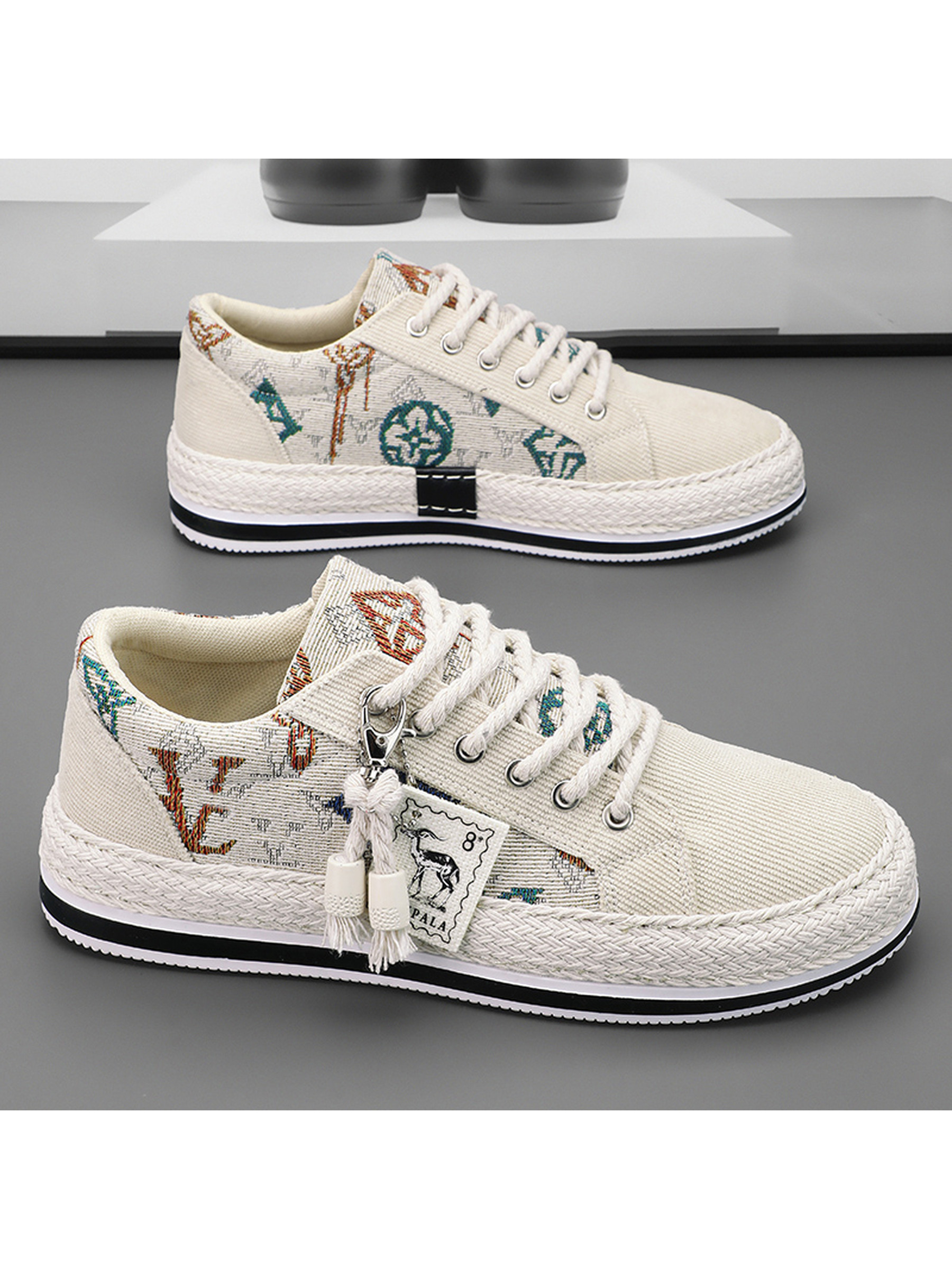 Beige Patterned Lace-Up Sneakers