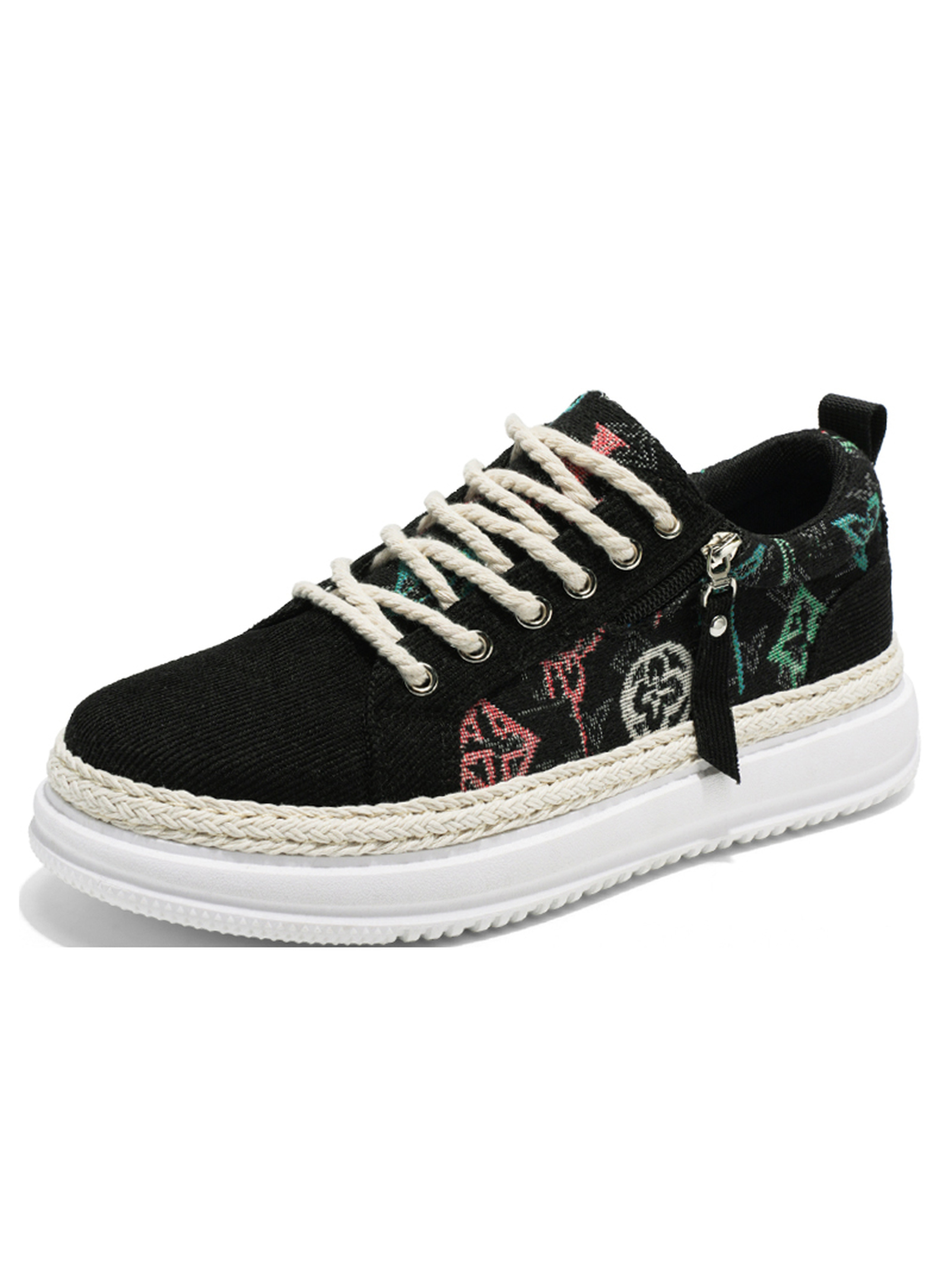 Black Patterned Sneakers with Braided Sole
