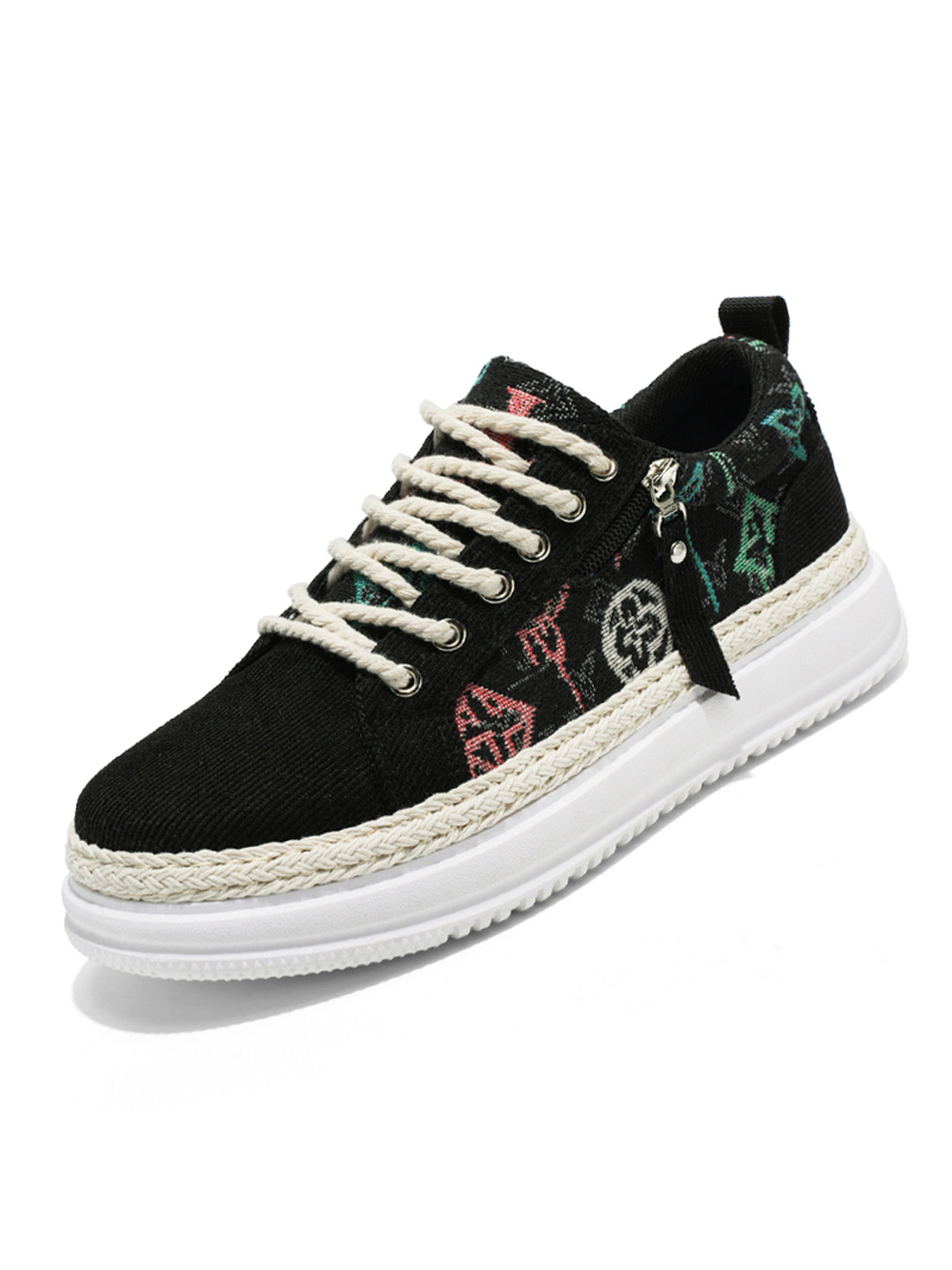 Black Patterned Sneakers with Braided Sole