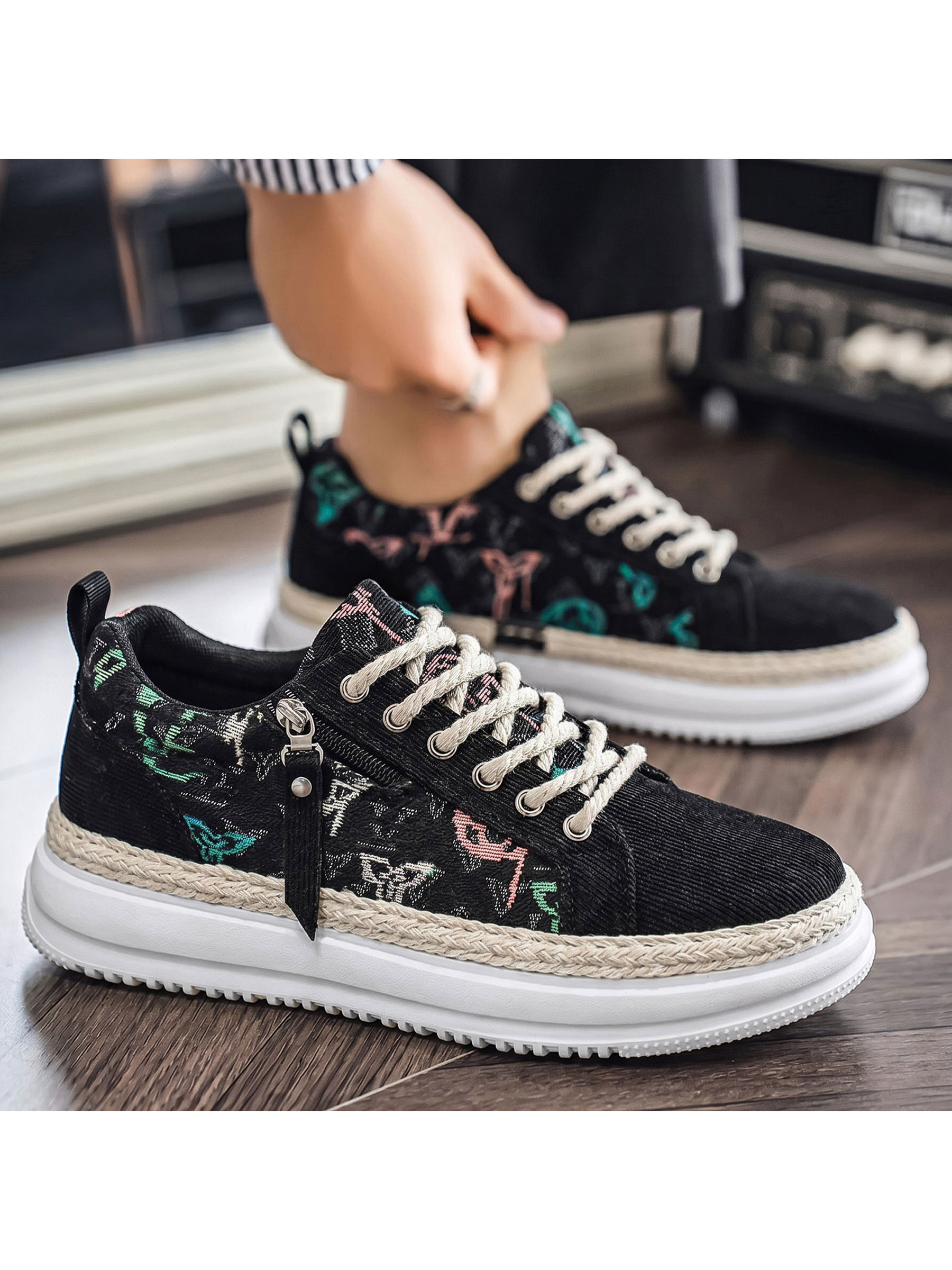 Black Patterned Sneakers with Braided Sole