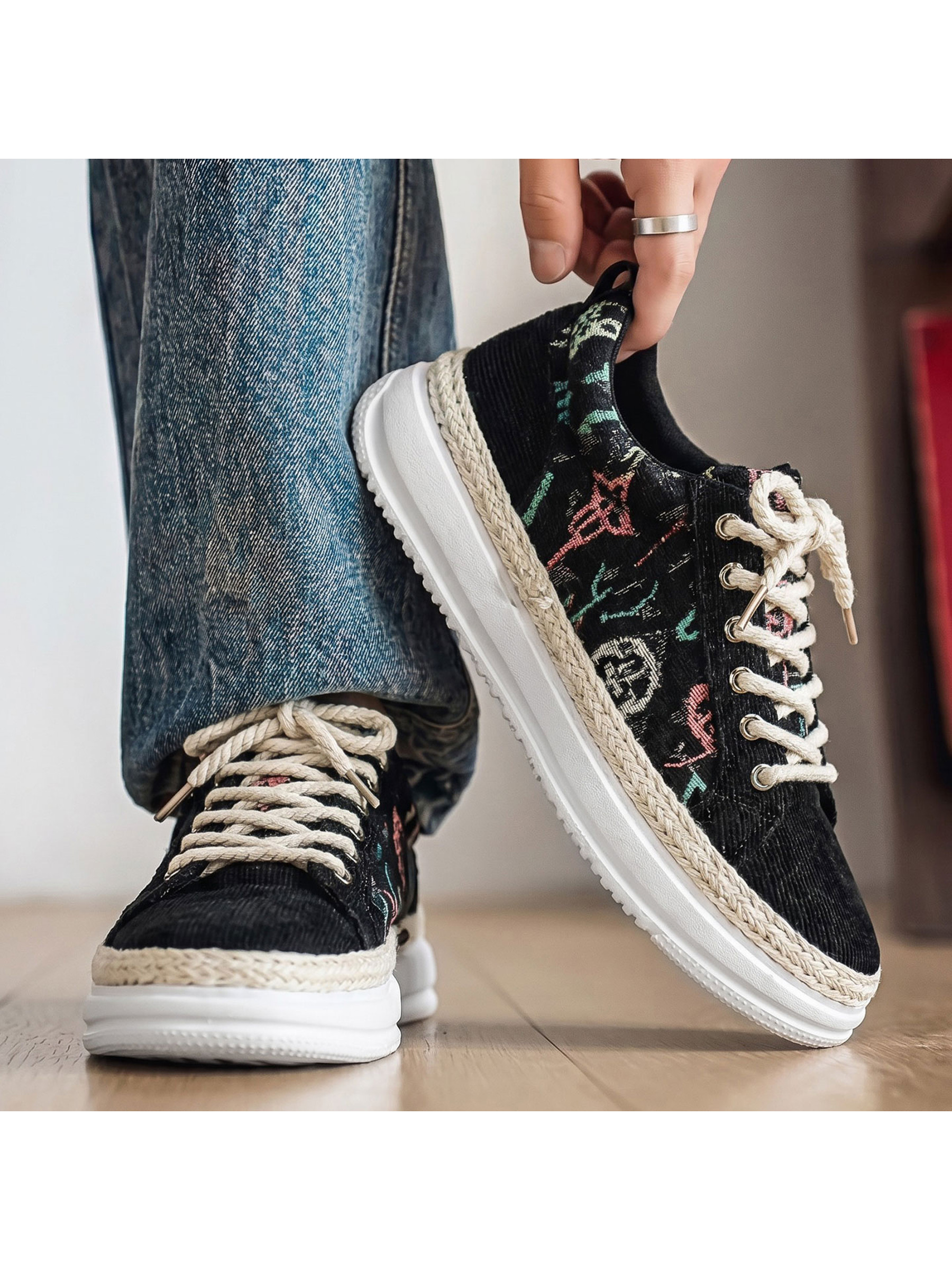 Black Patterned Sneakers with Braided Sole