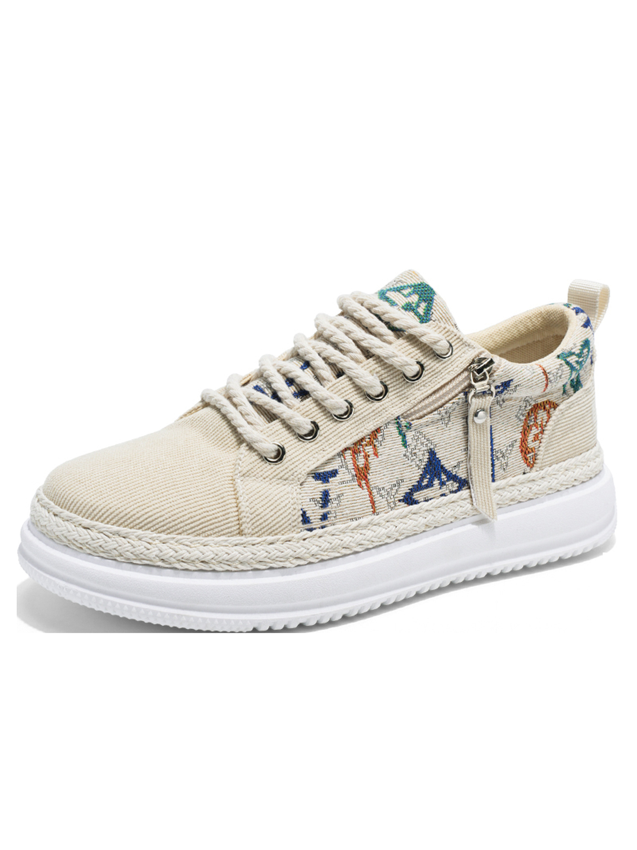 Beige Patterned Sneakers with Zip Detail