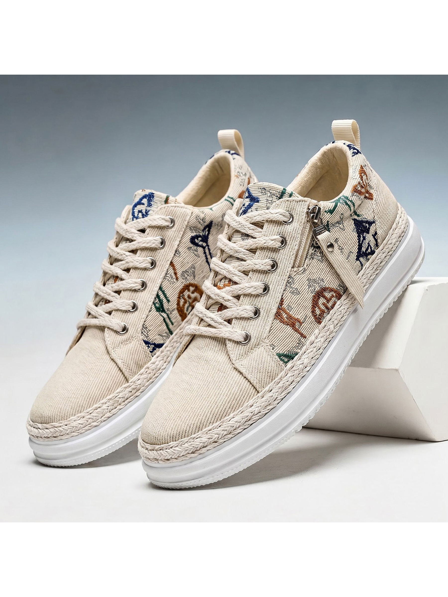 Beige Patterned Sneakers with Zip Detail