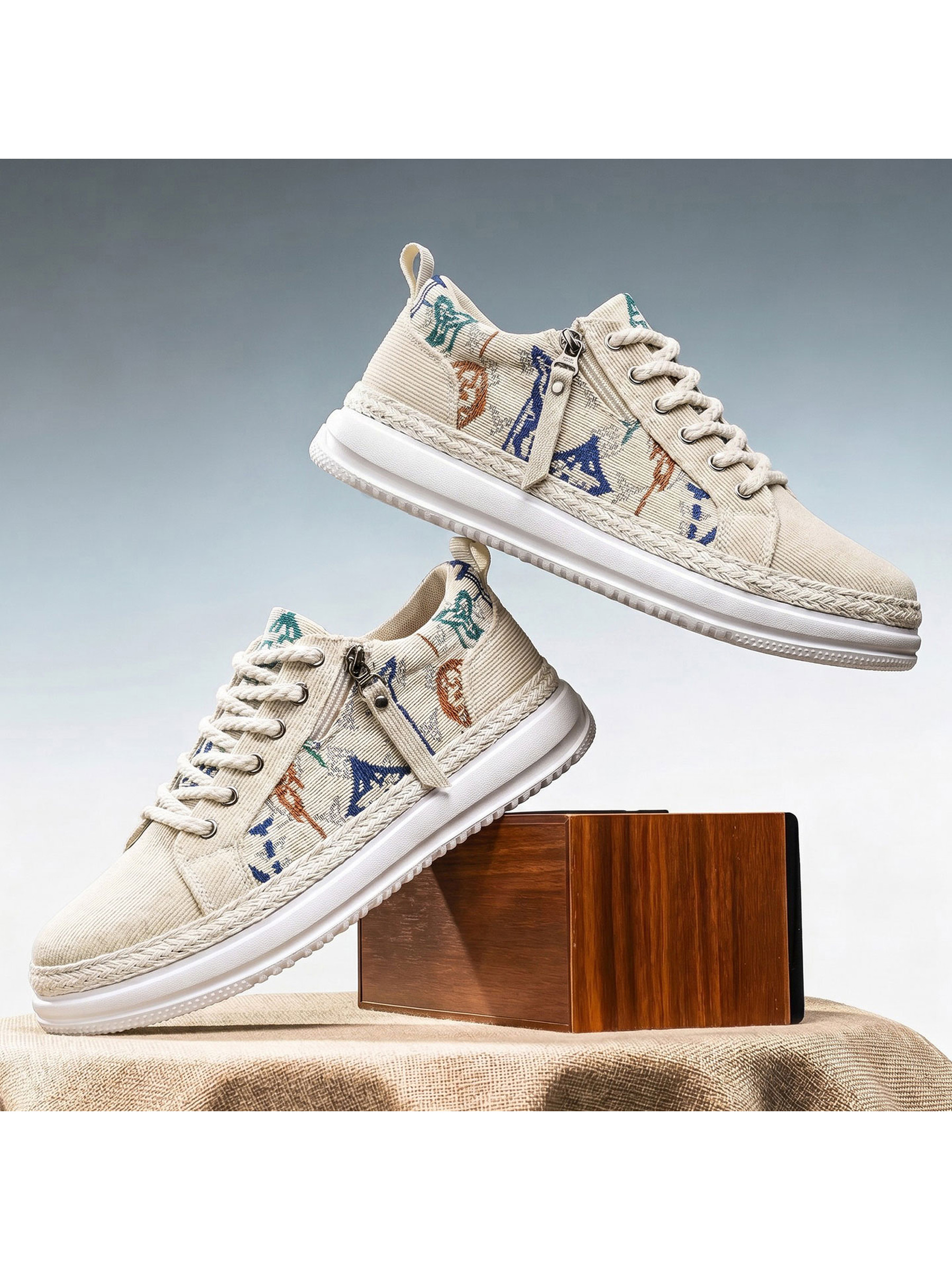 Beige Patterned Sneakers with Zip Detail
