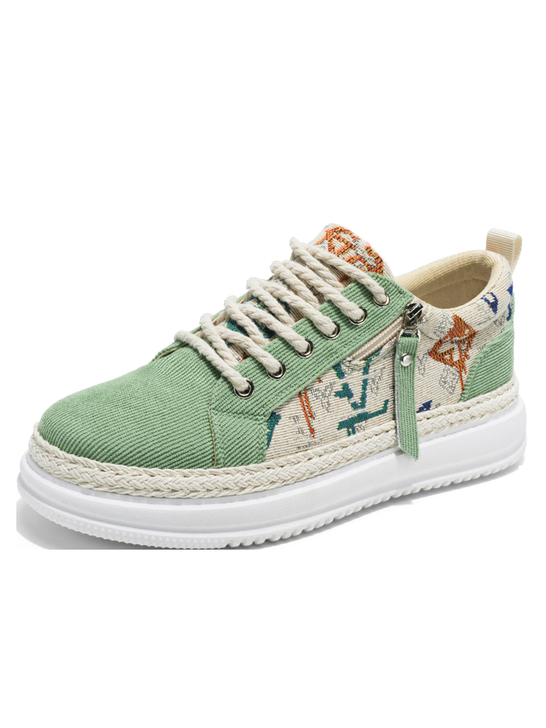 Mens Green Corduroy Patterned Sneakers with Side Zipper