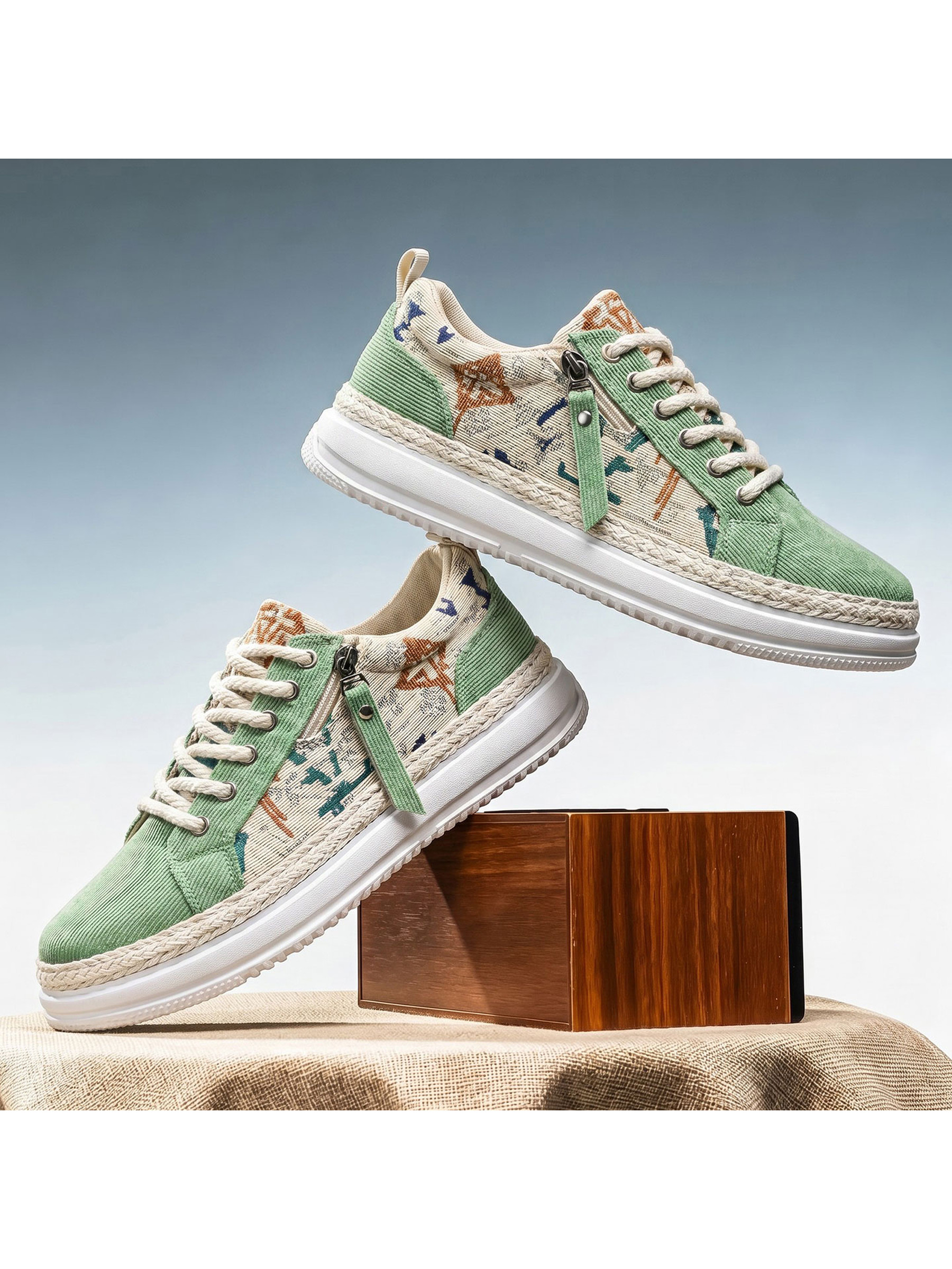 Mens Green Corduroy Patterned Sneakers with Side Zipper