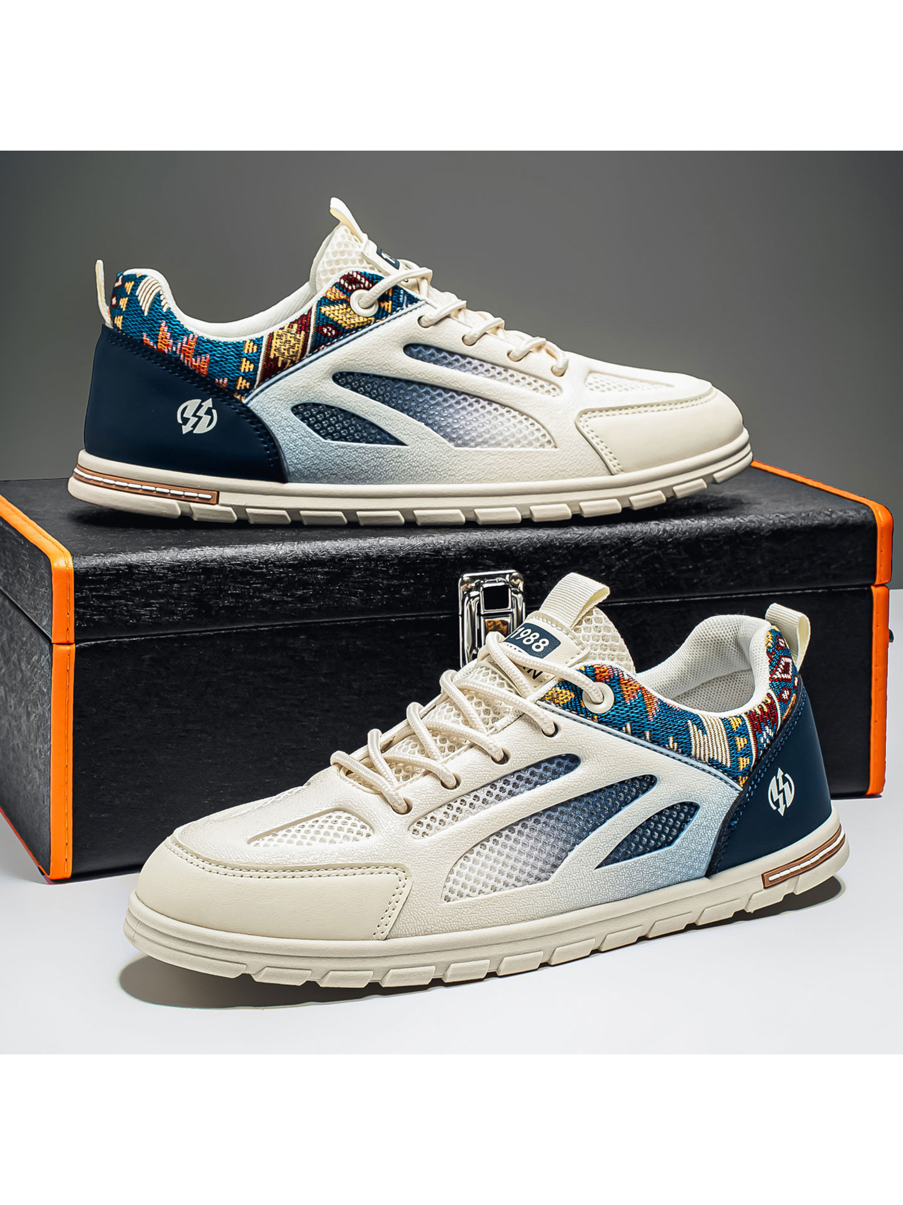Patterned Tab Lace up Mesh Sneakers