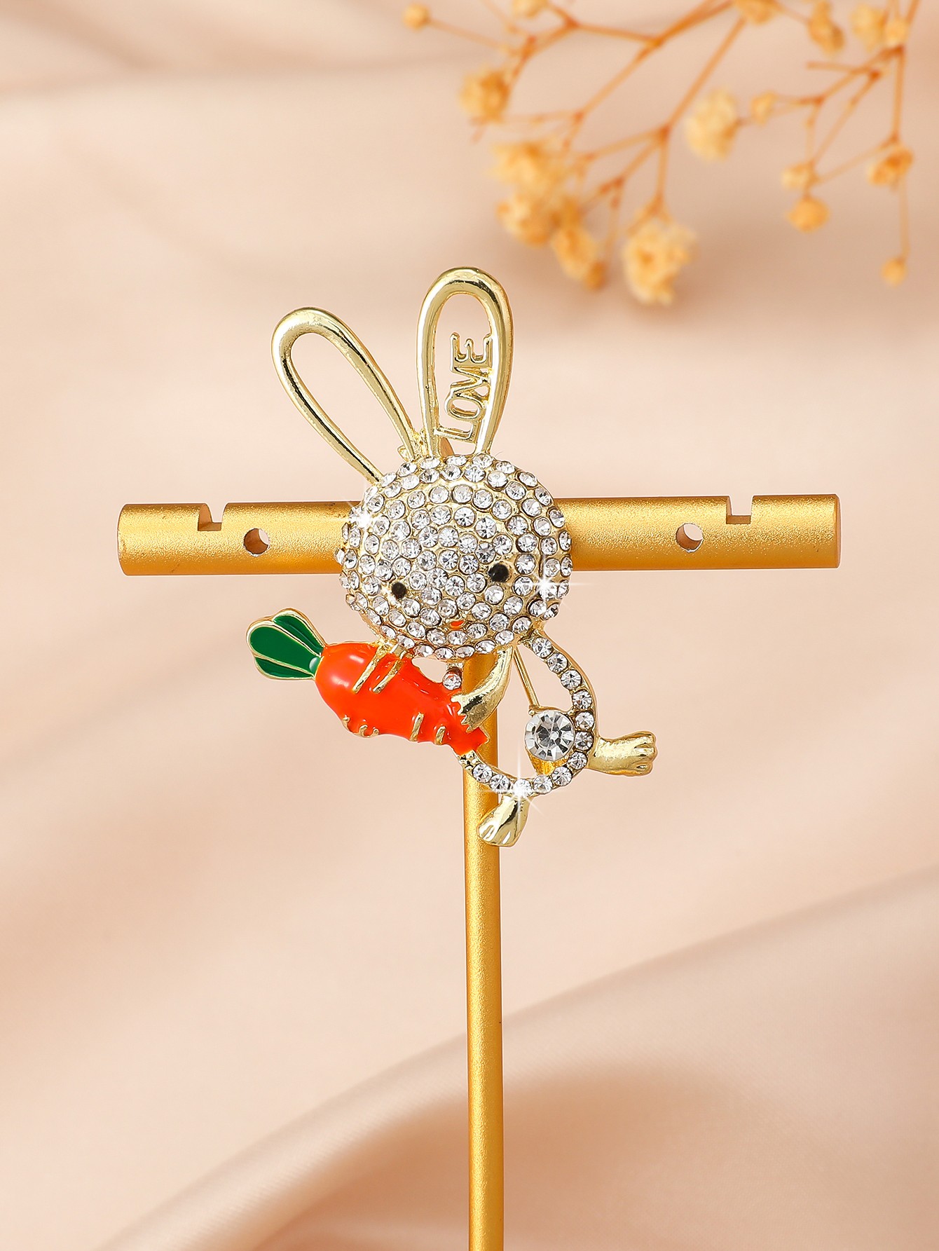 Gold Rhinestone Rabbit Brooch with Carrot and LOVE Ears - Elegant Womens Pin
