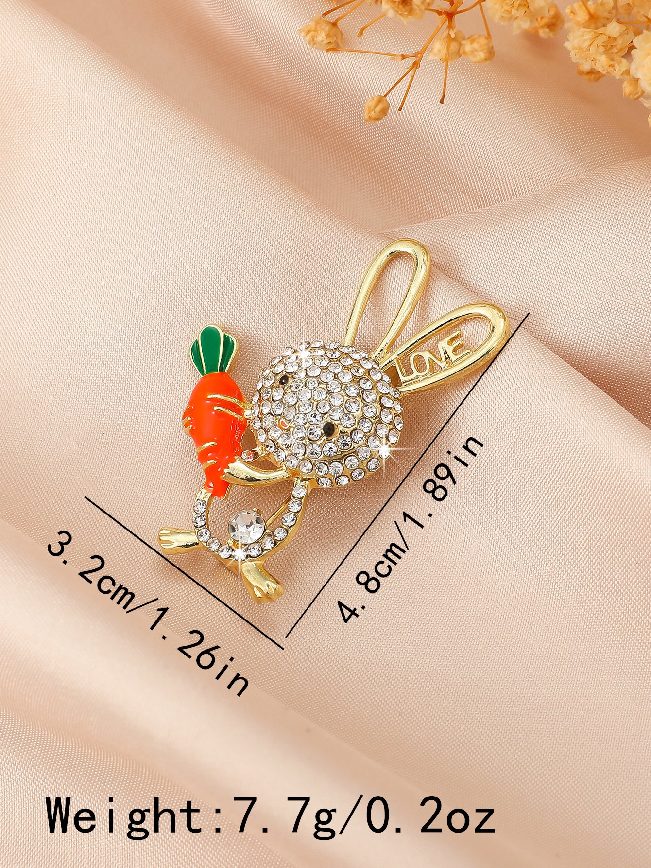 Gold Rhinestone Rabbit Brooch with Carrot and LOVE Ears - Elegant Womens Pin