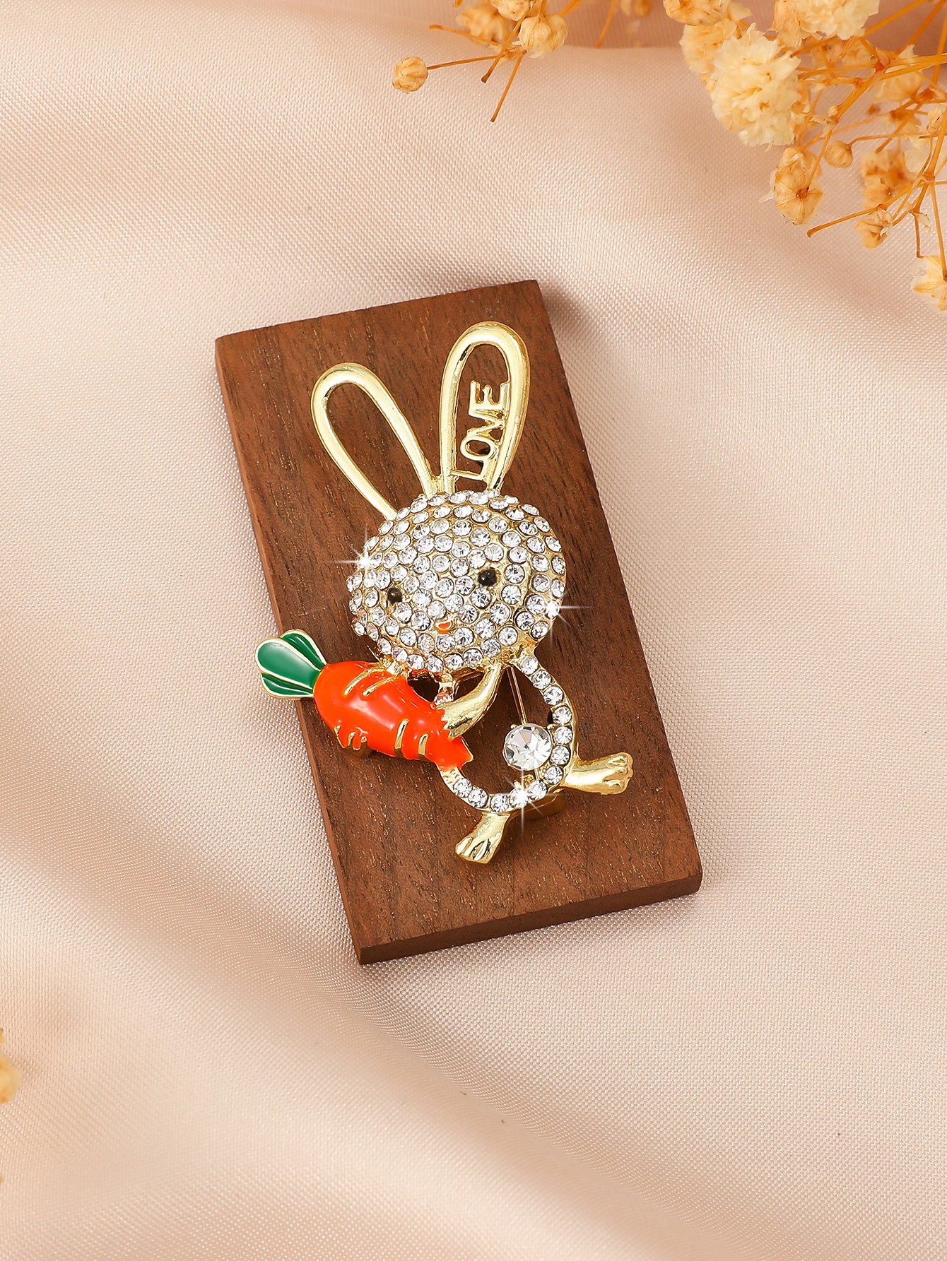 Gold Rhinestone Rabbit Brooch with Carrot and LOVE Ears - Elegant Womens Pin