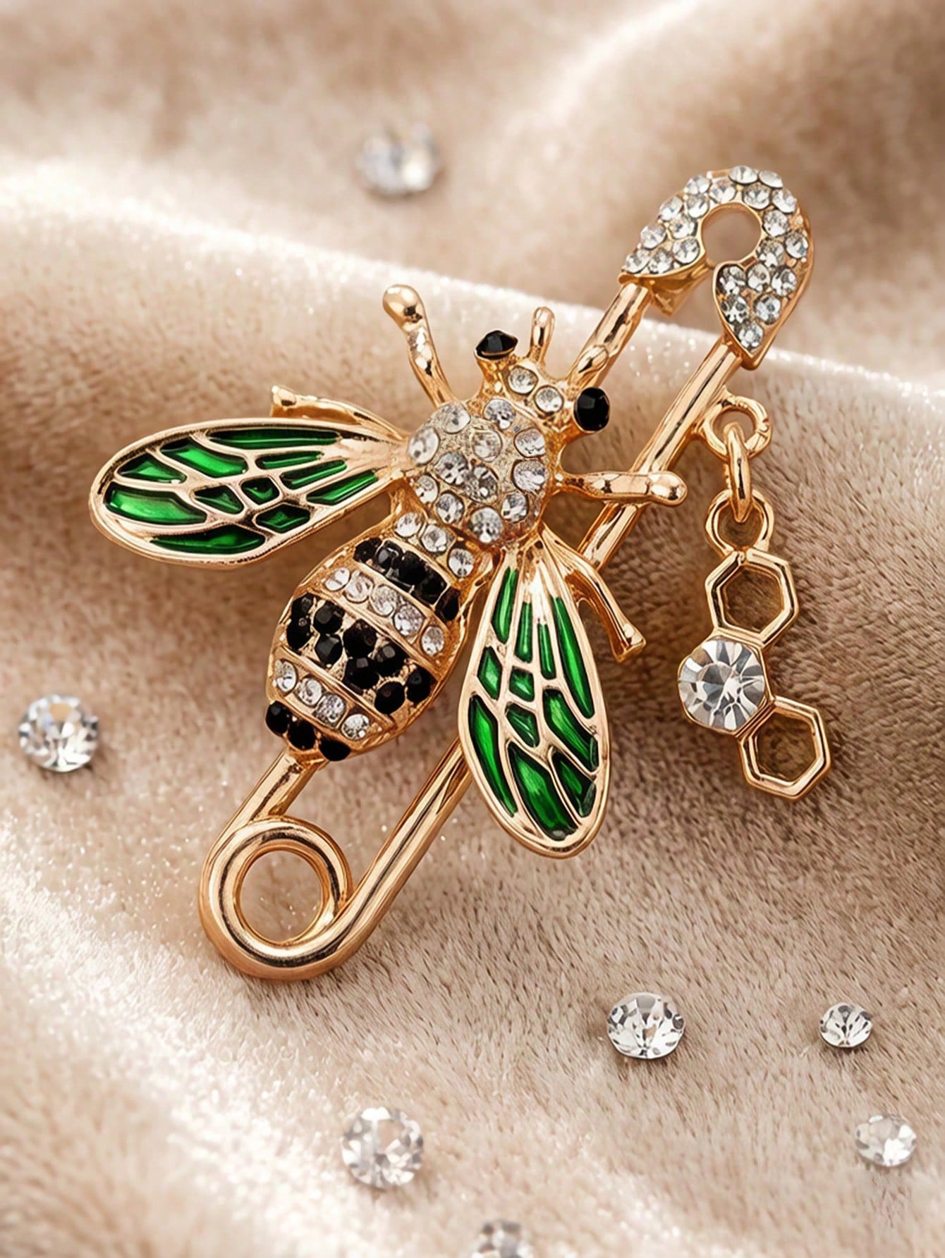 Gold and Green Crystal Bee Brooch with Honeycomb Charm - Elegant Lapel Pin for Women
