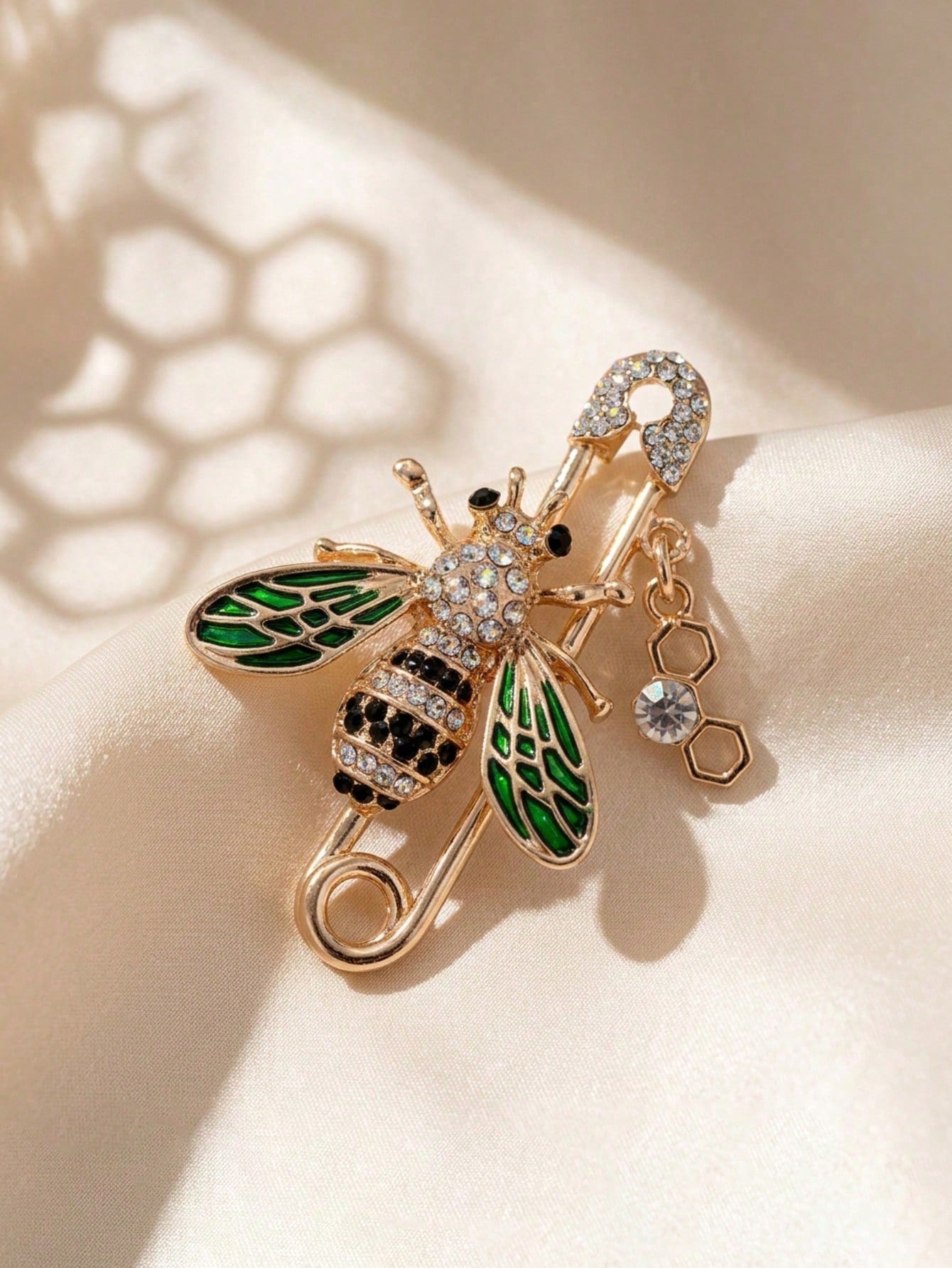 Gold and Green Crystal Bee Brooch with Honeycomb Charm - Elegant Lapel Pin for Women