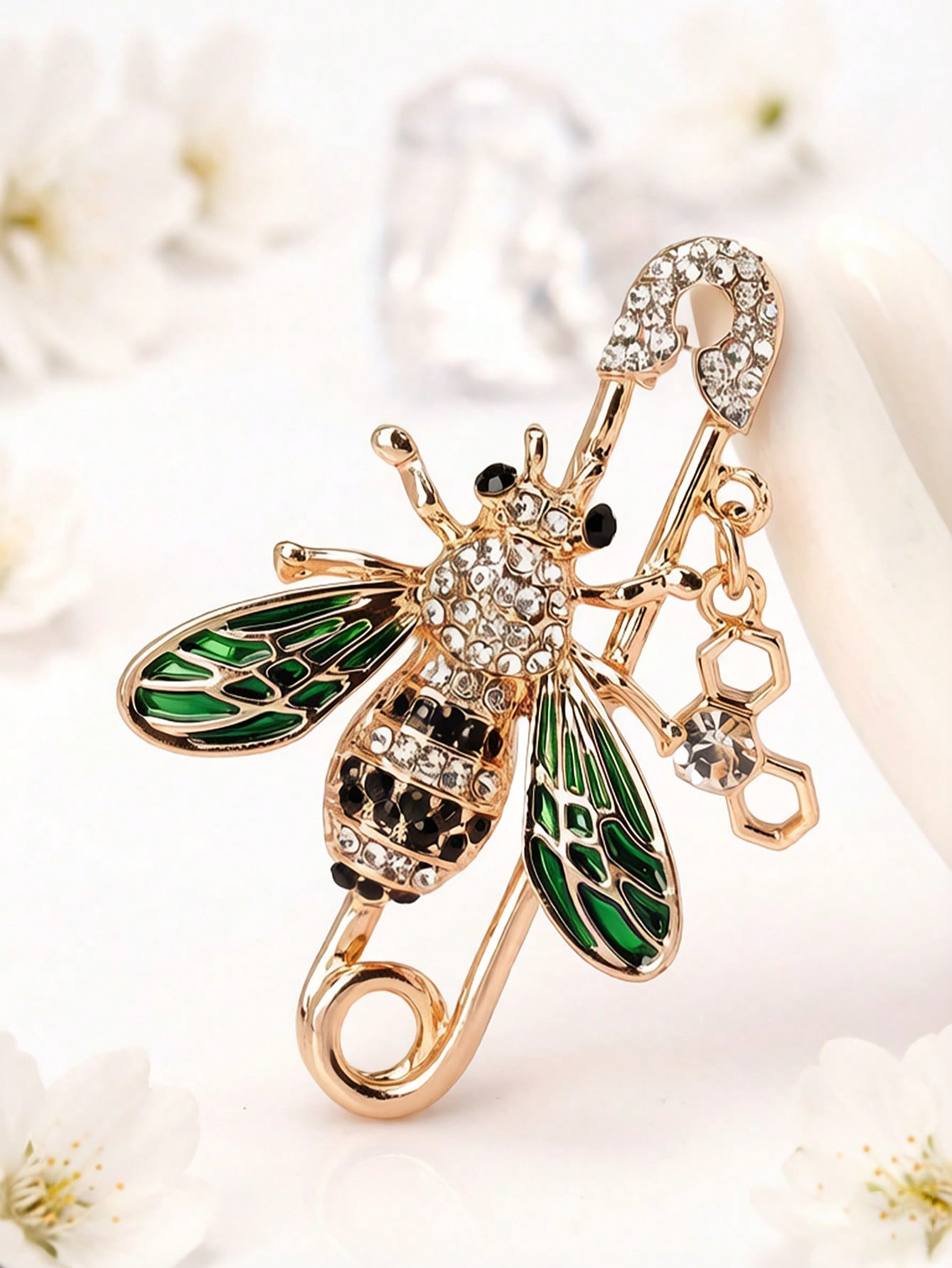 Gold and Green Crystal Bee Brooch with Honeycomb Charm - Elegant Lapel Pin for Women