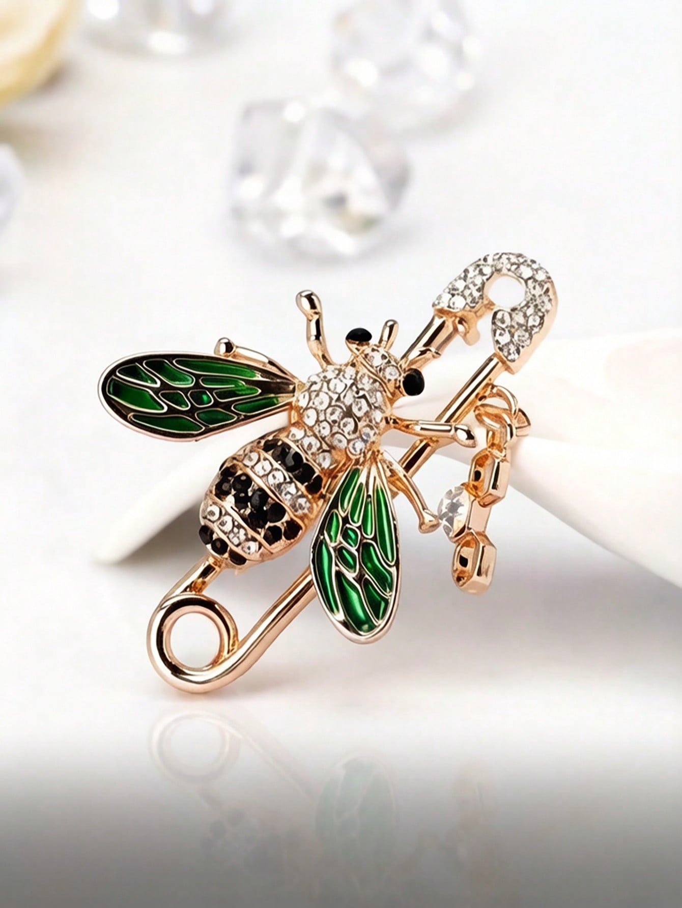 Gold and Green Crystal Bee Brooch with Honeycomb Charm - Elegant Lapel Pin for Women