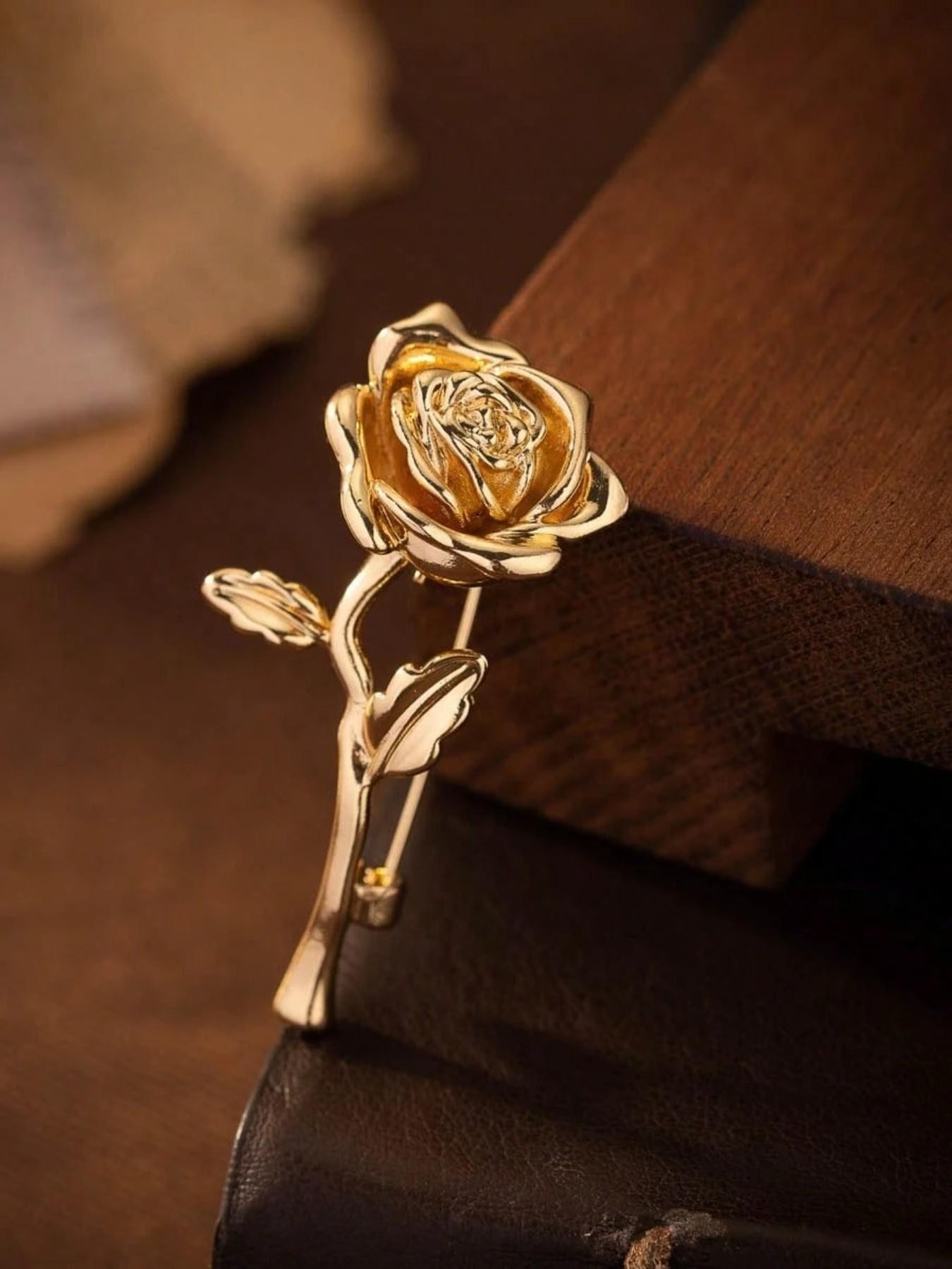 Elegant Gold Rose Brooch Pin - Classic Floral Lapel Accent for Women