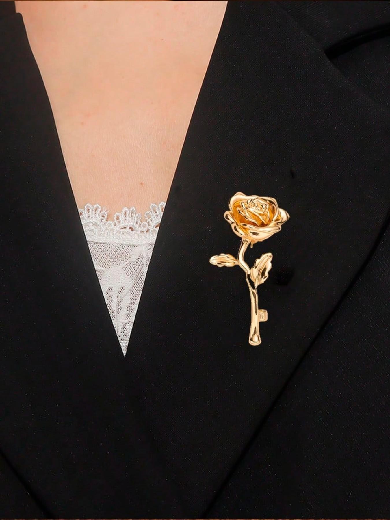 Elegant Gold Rose Brooch Pin - Classic Floral Lapel Accent for Women