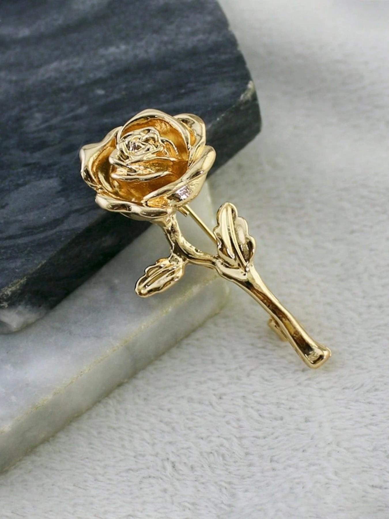 Elegant Gold Rose Brooch Pin - Classic Floral Lapel Accent for Women
