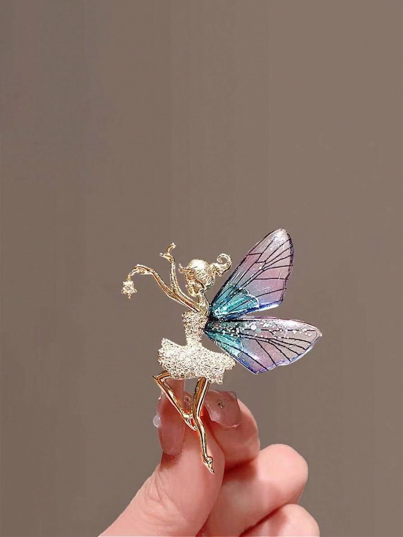 Golden Fairy Brooch with Iridescent Wings - Elegant Crystal Embellished Pin for Women