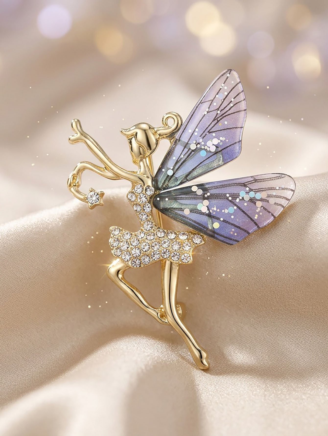 Golden Fairy Brooch with Iridescent Wings - Elegant Crystal Embellished Pin for Women