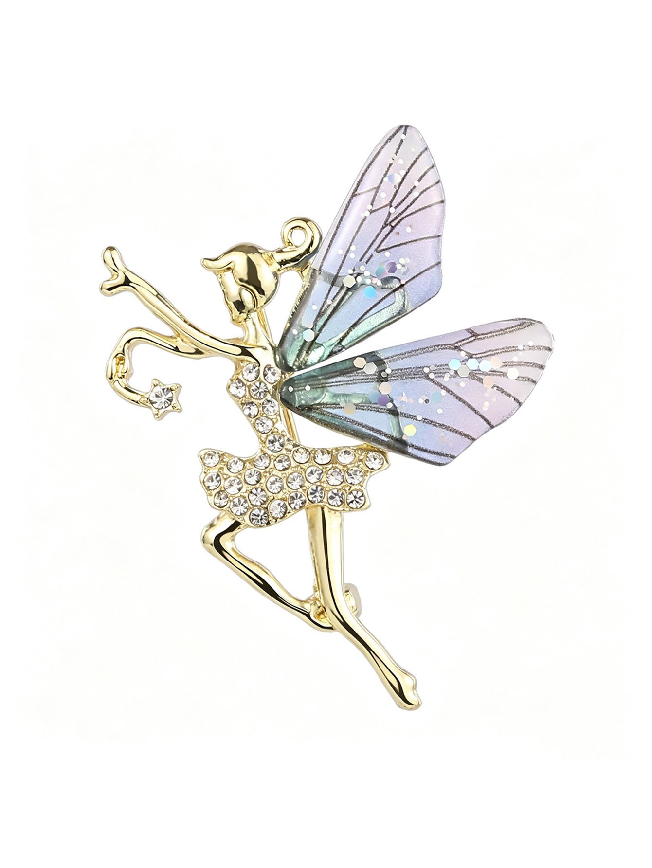 Golden Fairy Brooch with Iridescent Wings - Elegant Crystal Embellished Pin for Women