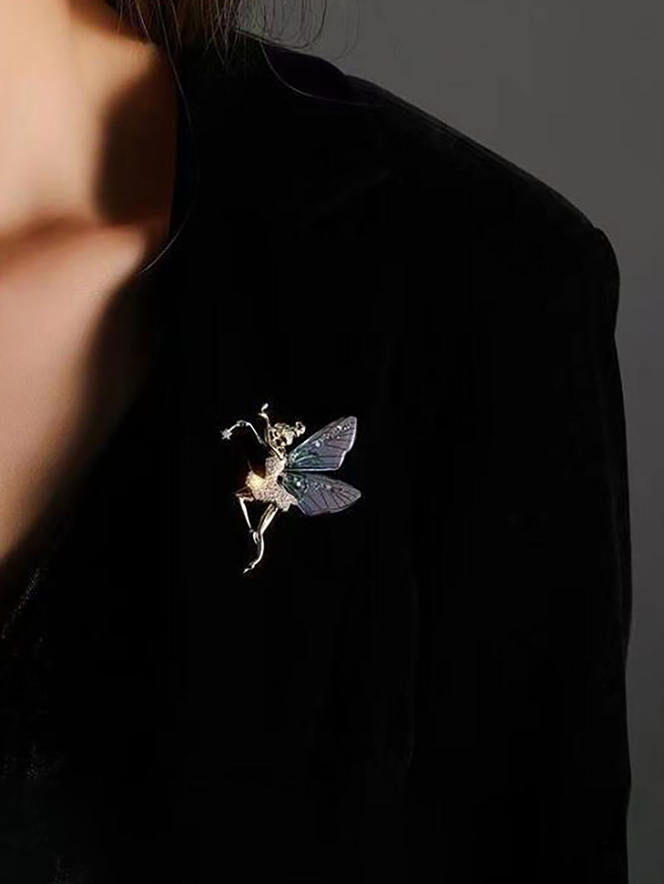 Golden Fairy Brooch with Iridescent Wings - Elegant Crystal Embellished Pin for Women