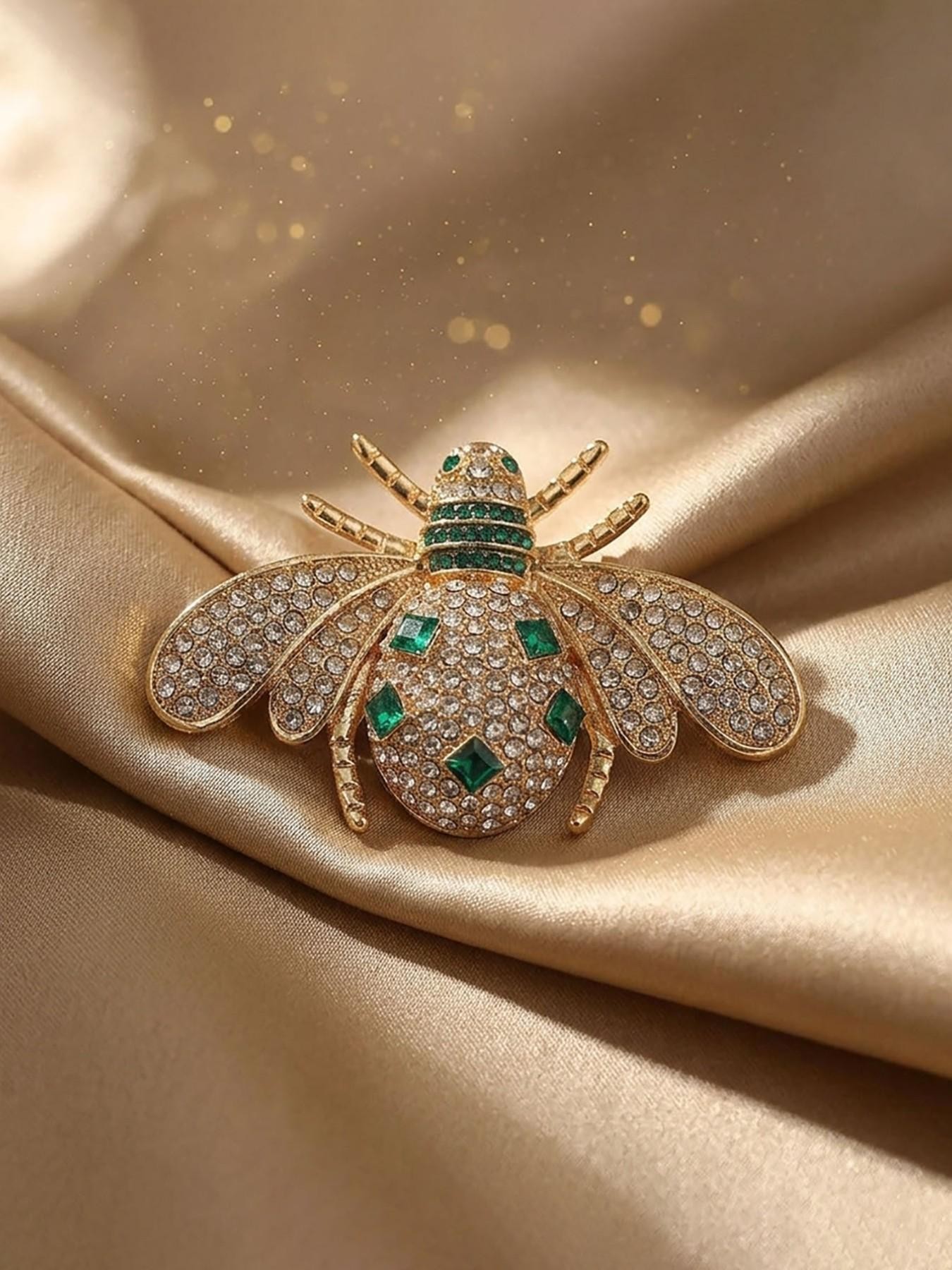 Gold and Emerald Crystal Bee Brooch Pin - Elegant Lapel Accessory