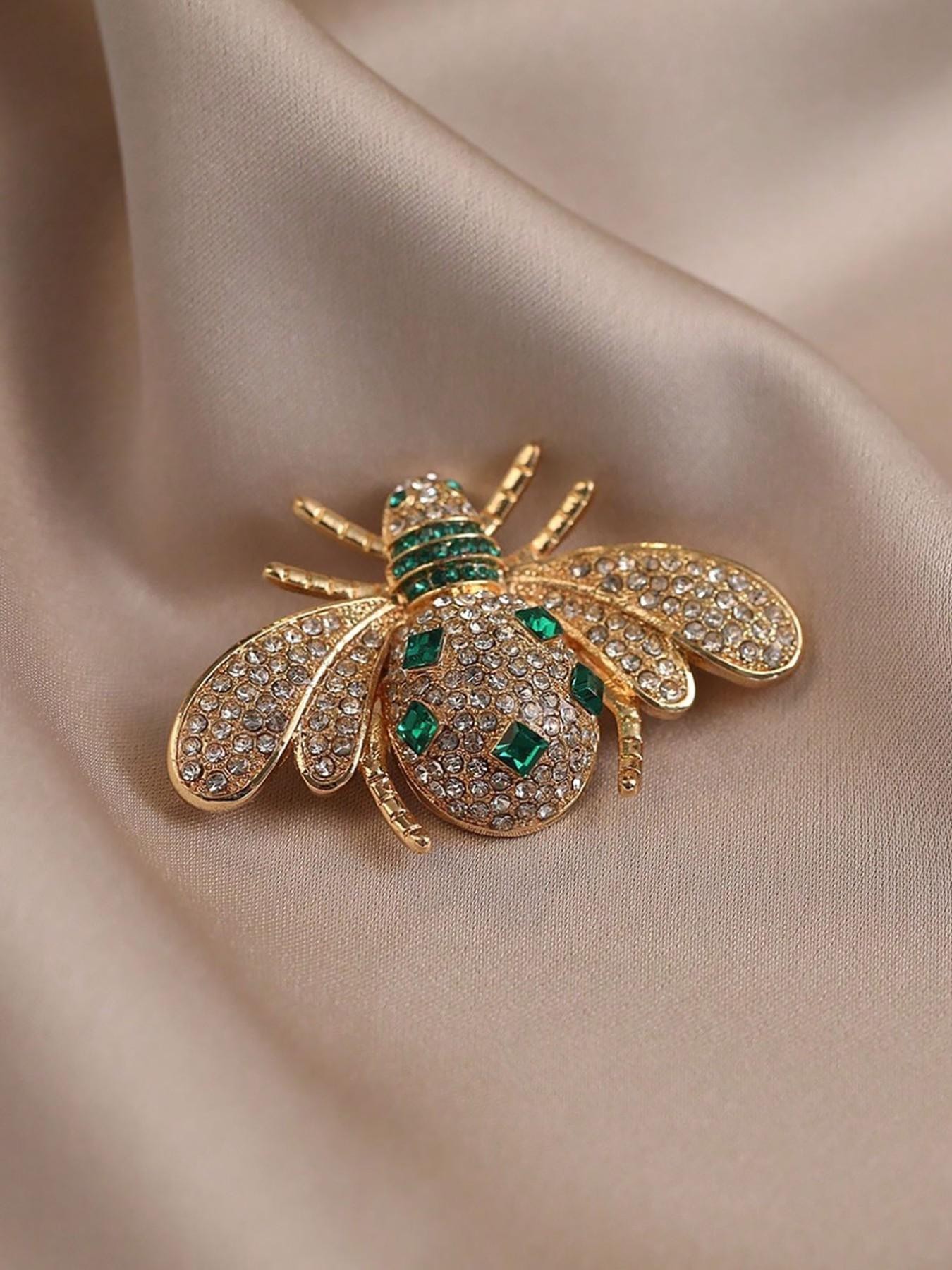 Gold and Emerald Crystal Bee Brooch Pin - Elegant Lapel Accessory