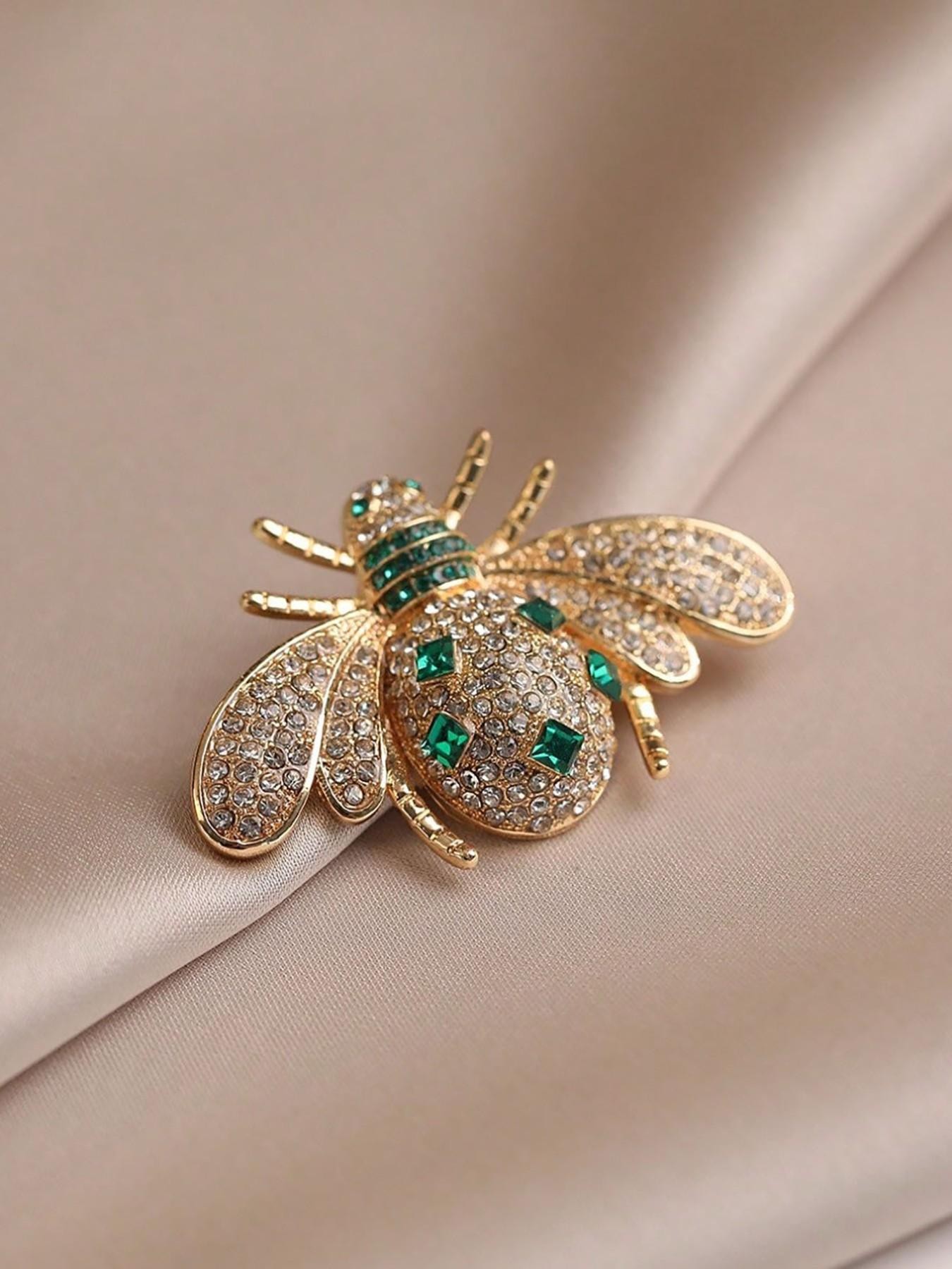 Gold and Emerald Crystal Bee Brooch Pin - Elegant Lapel Accessory