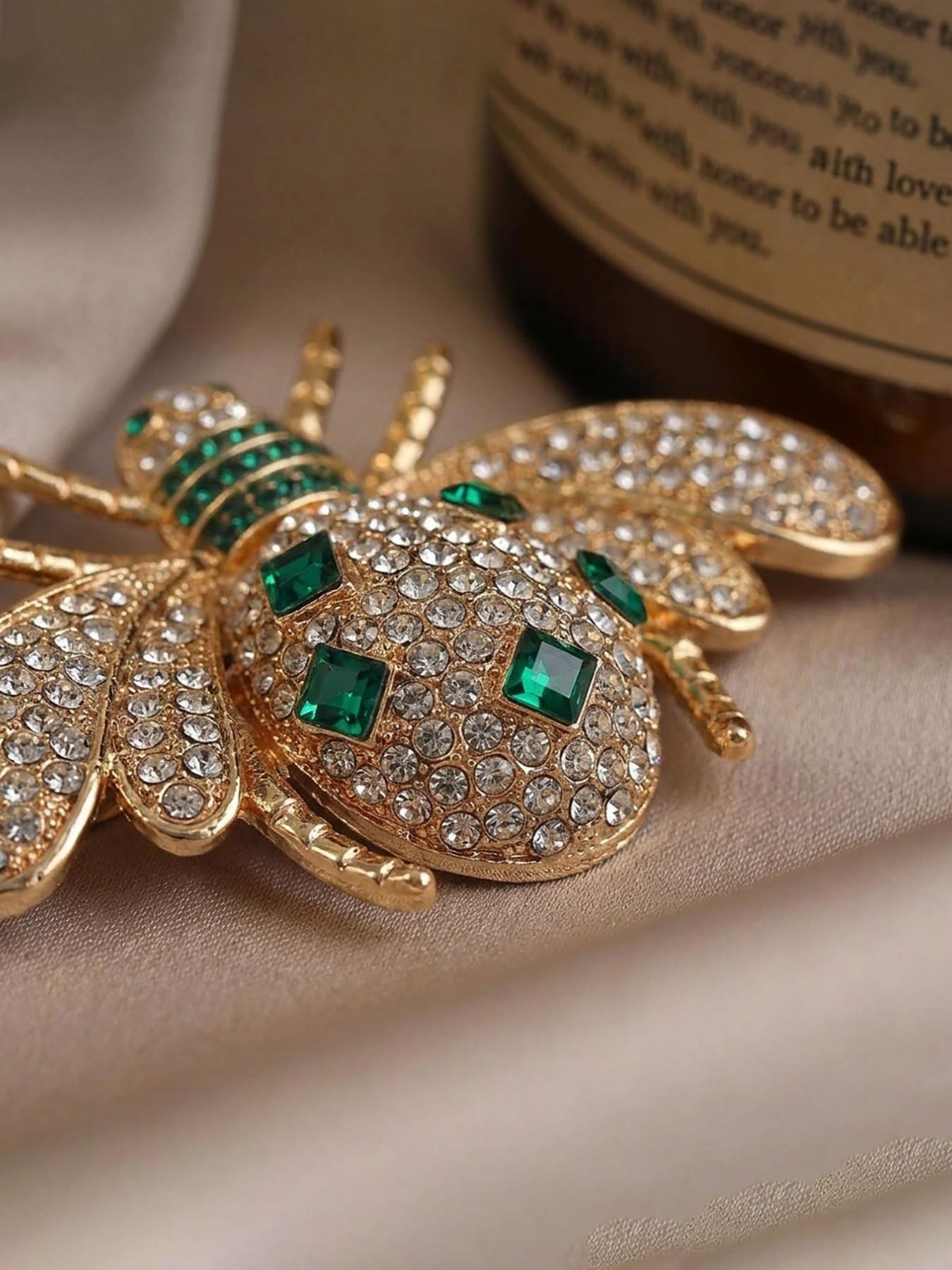 Gold and Emerald Crystal Bee Brooch Pin - Elegant Lapel Accessory