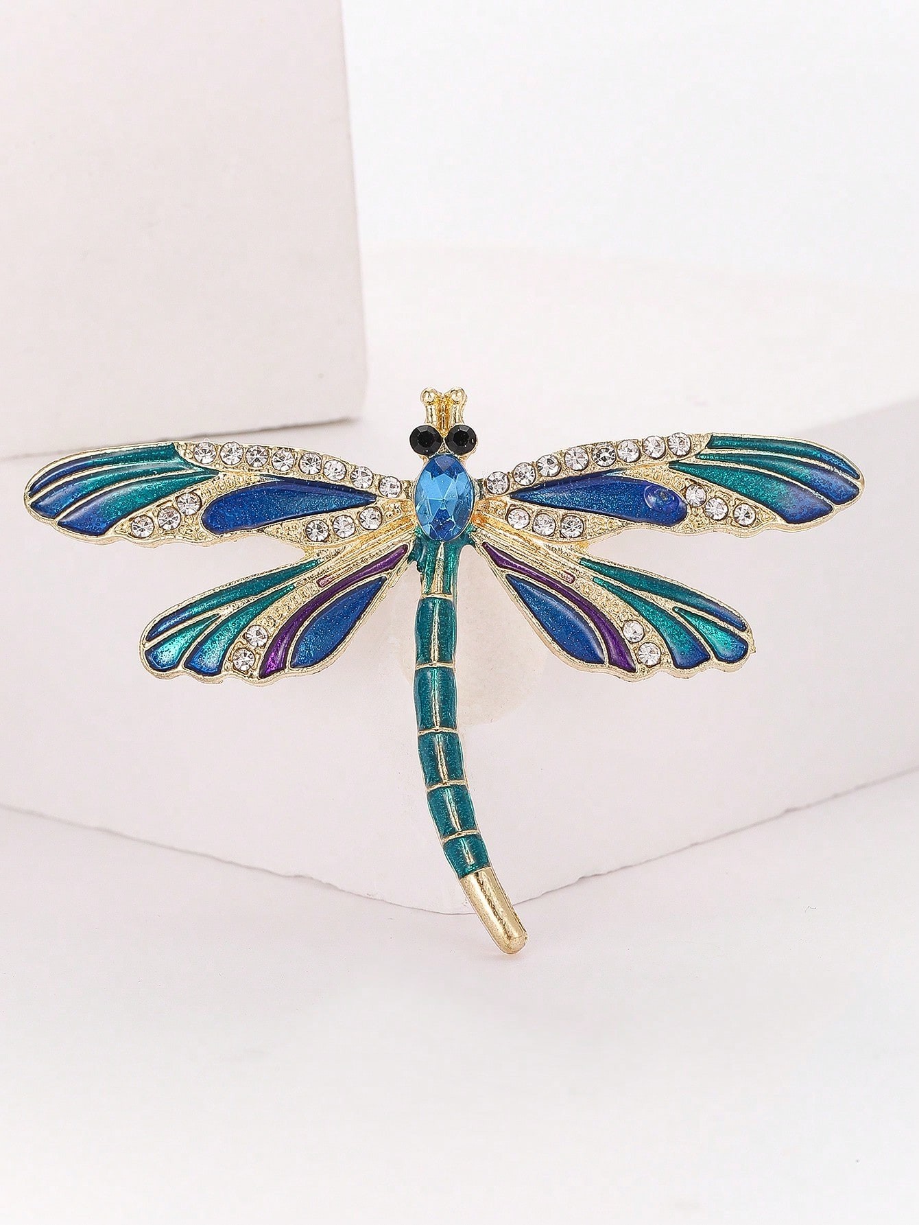 Gold Tone Dragonfly Brooch with Enamel and Rhinestones - Elegant Insect Pin