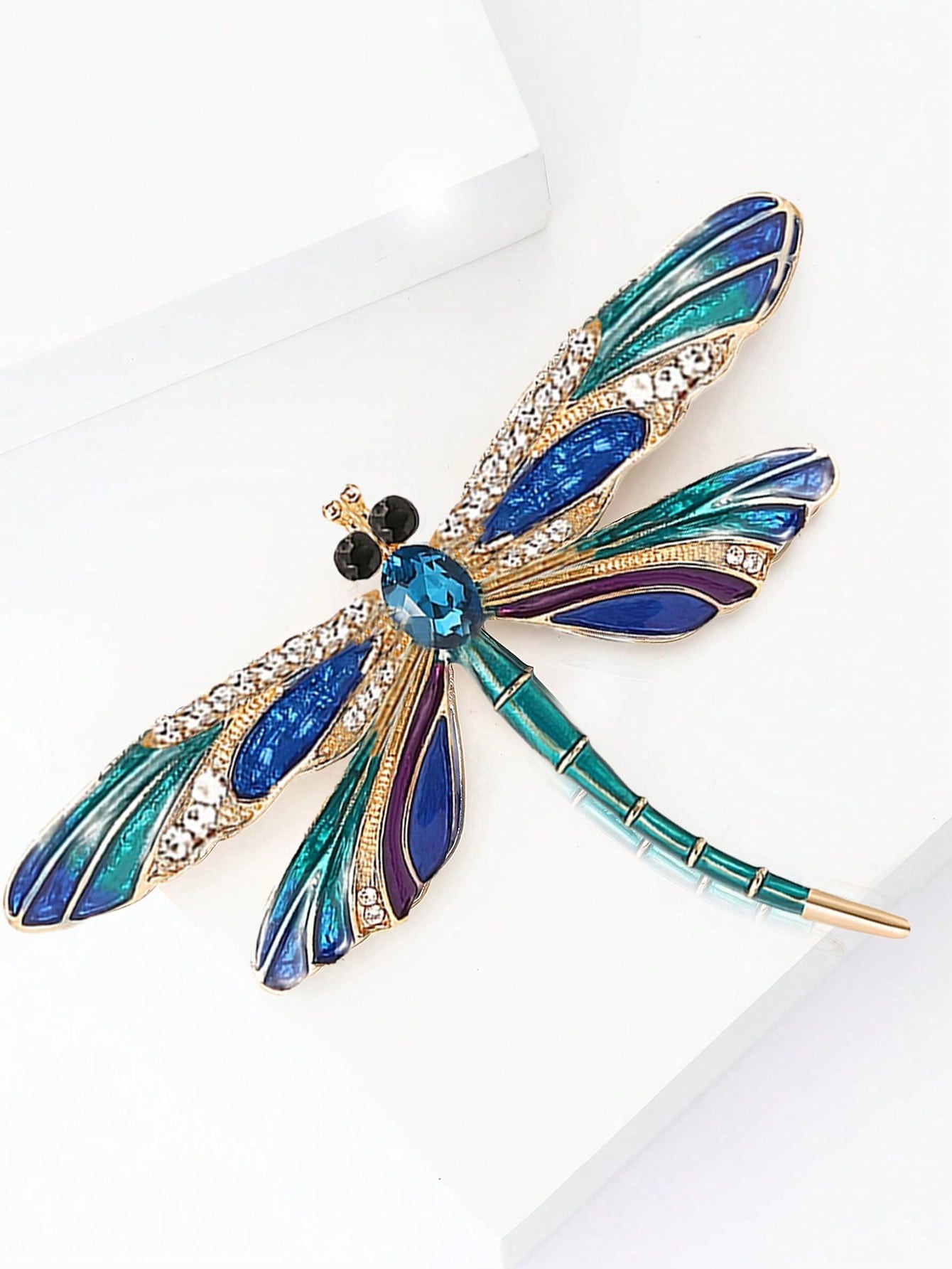 Gold Tone Dragonfly Brooch with Enamel and Rhinestones - Elegant Insect Pin